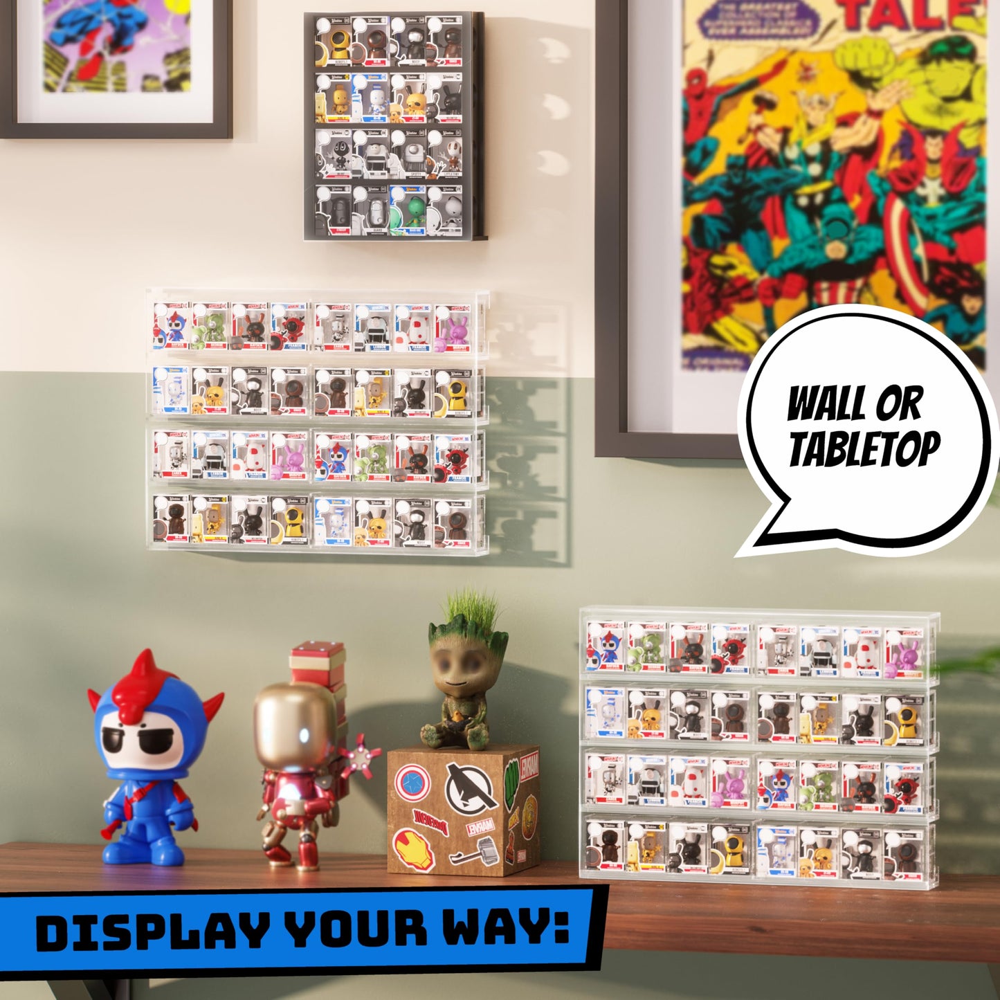 WINKINE Acrylic Display Bitty Protector Case Compatible with Funko Bitty Pop, Clear 32 Slots Figure Display Shelf for Countertop & Wall-mount, Mini