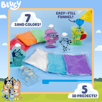 Bluey Sand Art Kit, Includes 5 Sand Art Bottles & 7 Colored Sands, Create Your Own Sand Art, DIY Kit, Fun Art Project for Kids Aged 6+