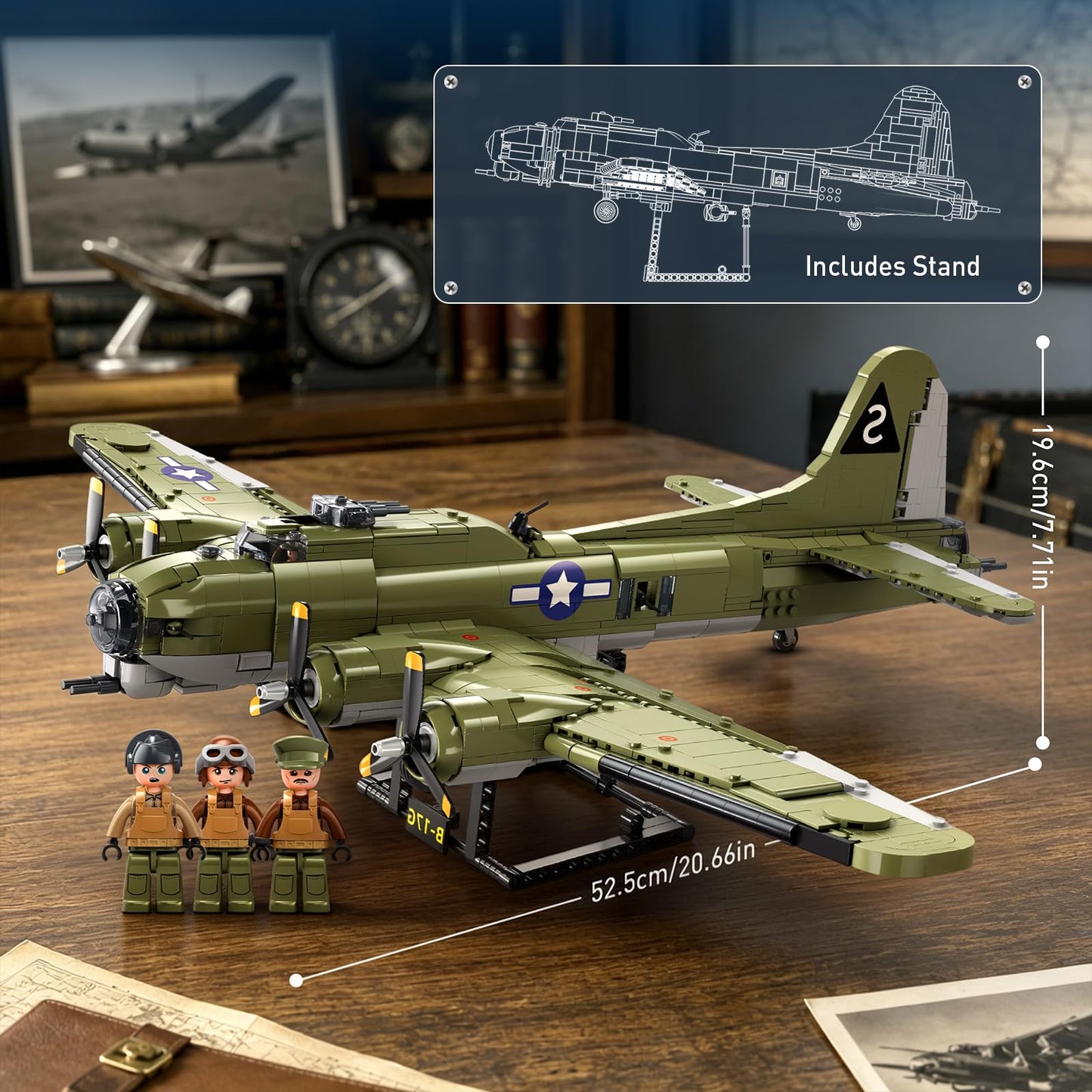 Sluban B-17 Flying Fortress Bomber Plane Building Blocks Set, 1270PCS WW2 Classic Military Fighter Aircraft Models with Display Stand, Army Airplane
