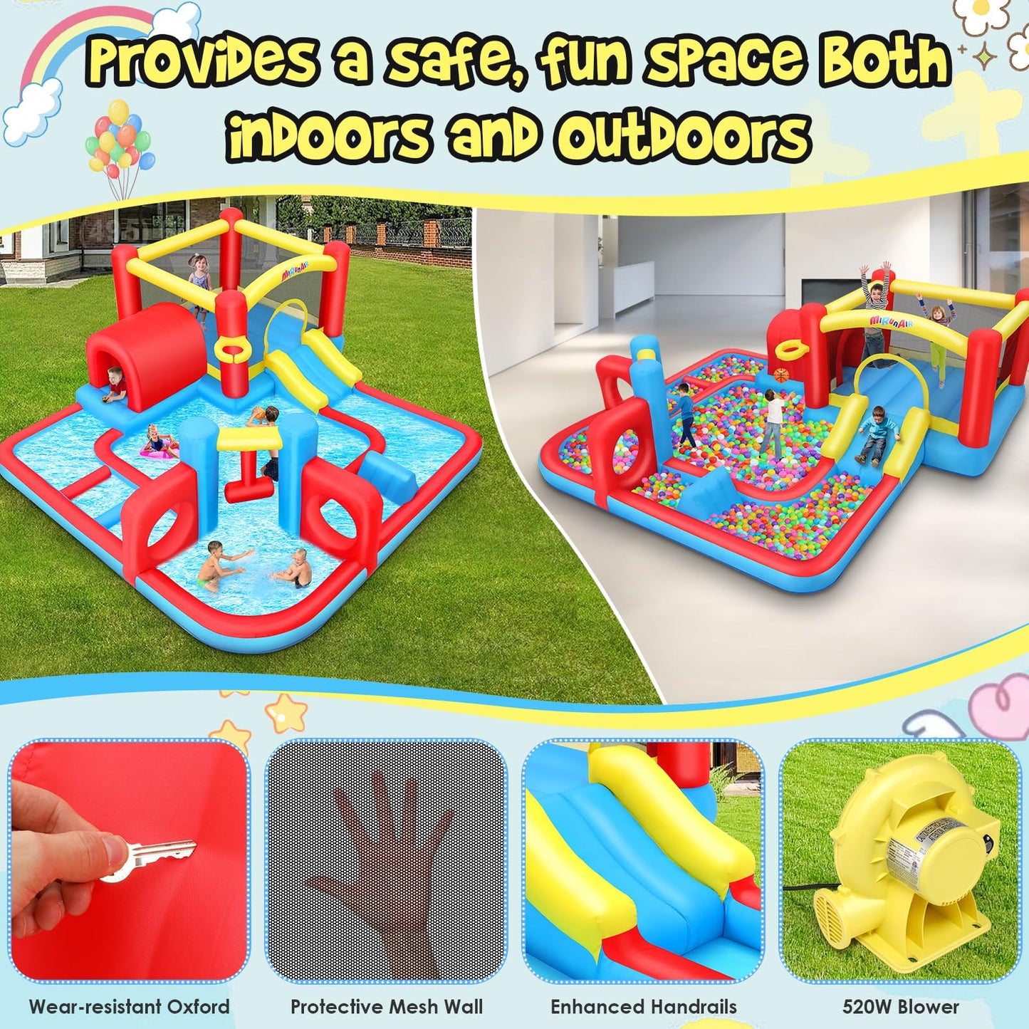 AKEYDIY Inflatable Water Slide Bounce House for Big Kids 3-12, Obstacle Course with Tunnel & Slide, Large Splash Pool, Water Cannon, Blow Up Water