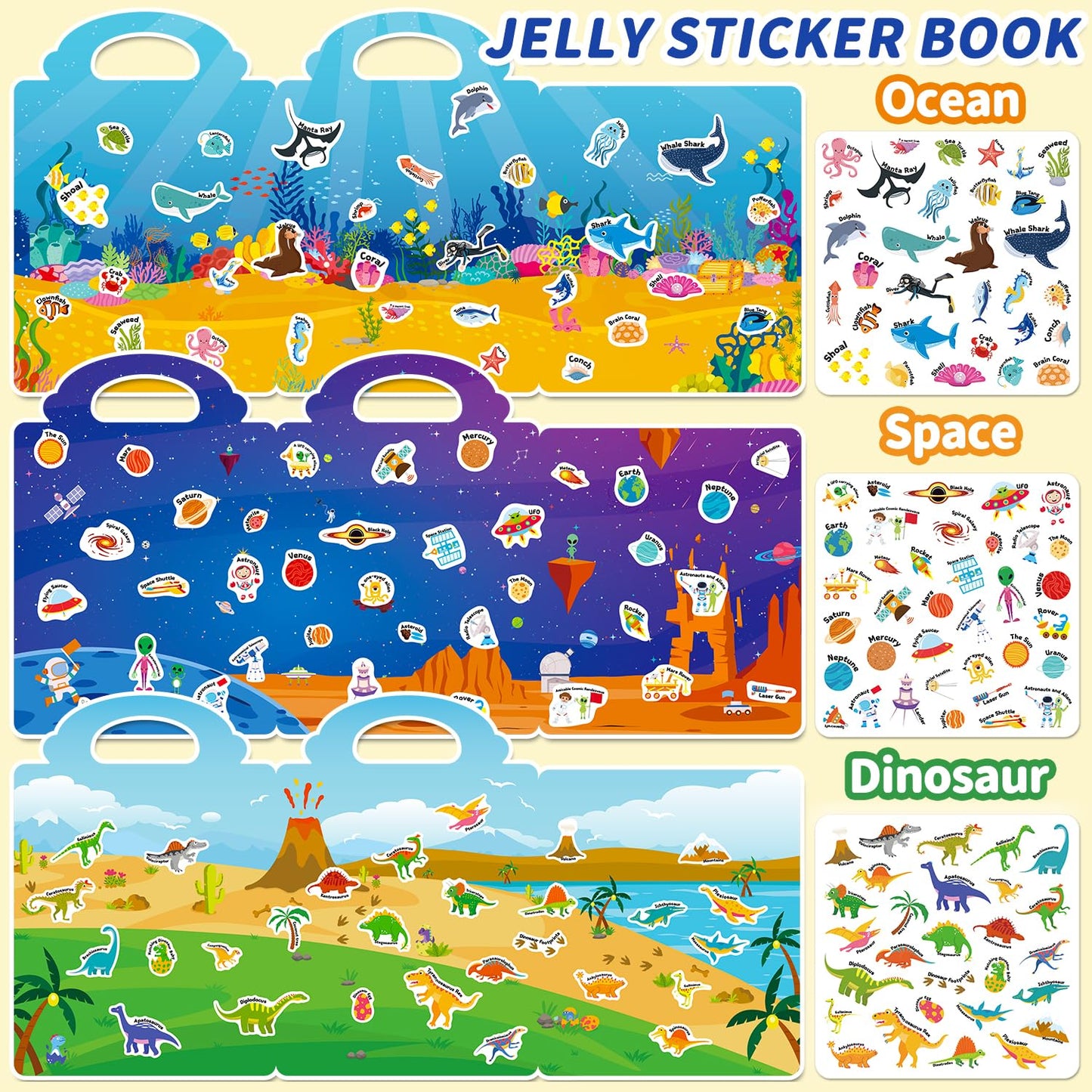 CREATIVETREES 6 Sets Reusable Sticker Book for Toddlers 3-6, Jelly Stickers Book for Kids, Travel Sticker Activity Toys for Childs 3 4 5 6 Years Girls