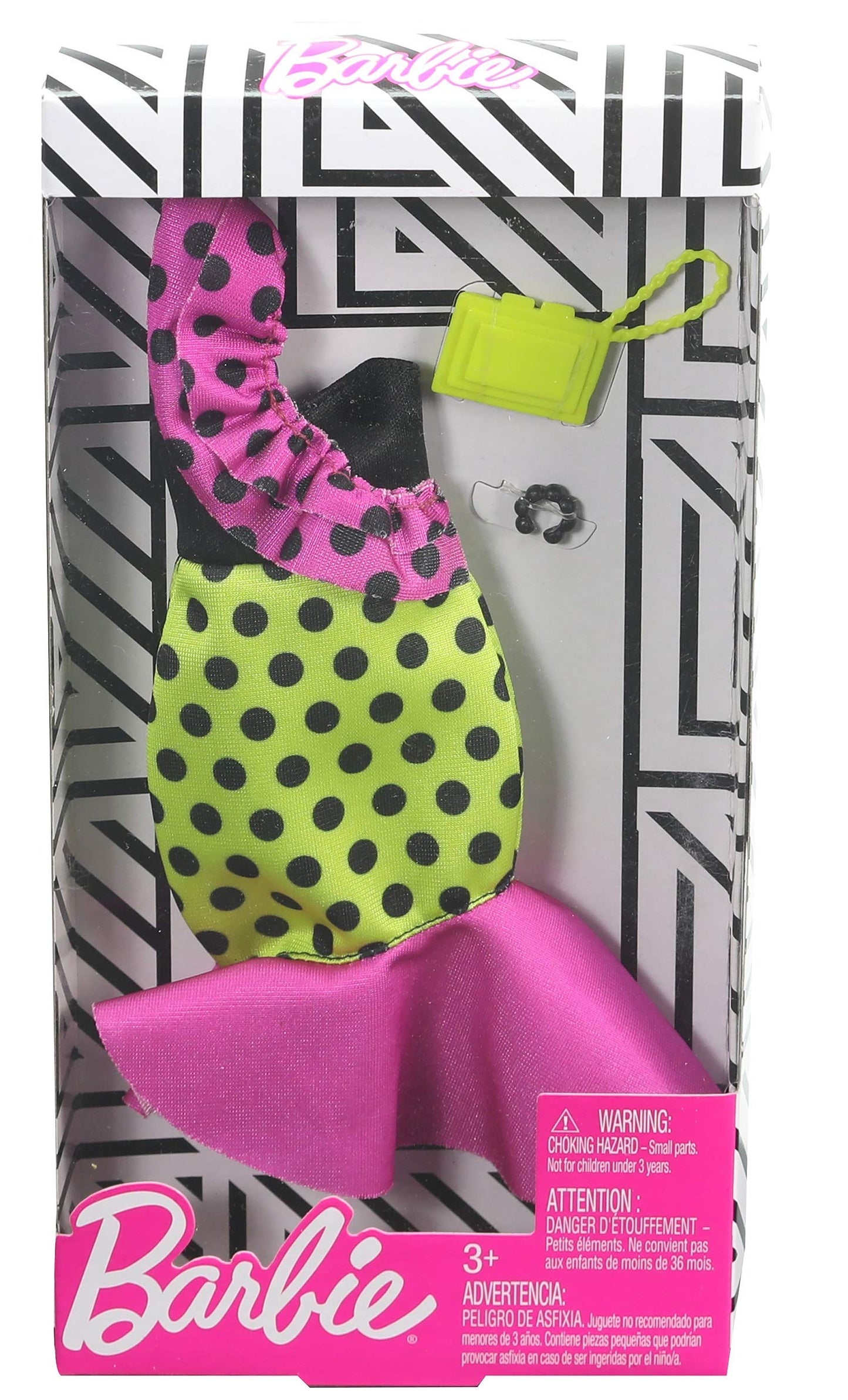 Barbie Complete Looks Doll Clothes, Outfit Dolls Featuring a Party Dress Decorated with Green and Pink Color-Blocking, Ruffles and Polka Dots, Gift