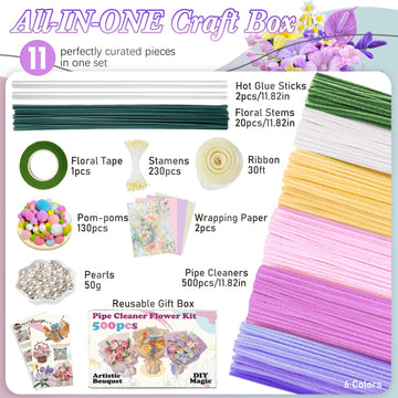 500Pcs Pipe Cleaners Craft - All-in-One DIY Flower Making Kit with 5 Colors Chenille Stems, Floral Stem Wires, Floral Tape, Stamens, Ribbon, Pearl