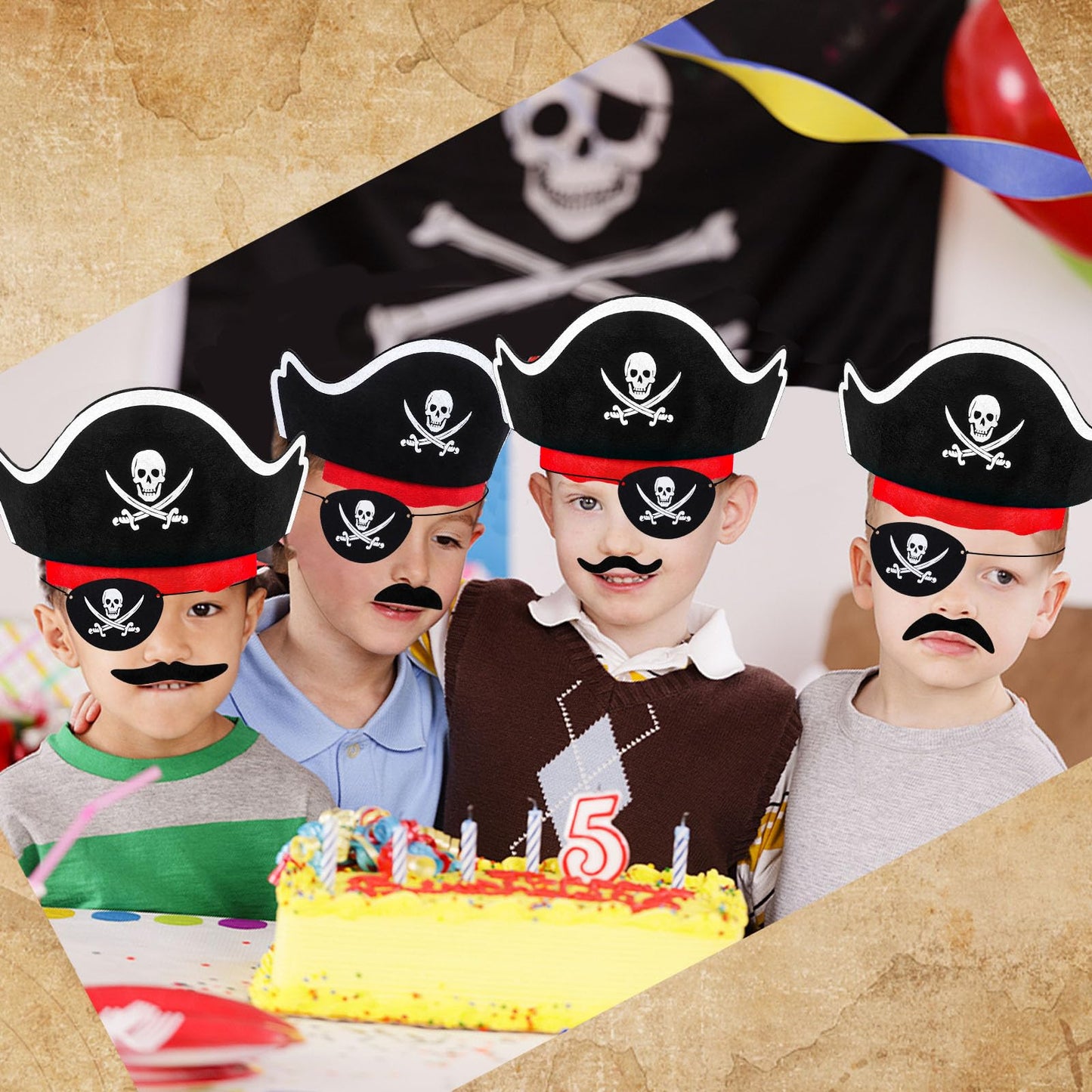 CHRIMISS Pirate Hat Set with Pirate Eye Patch, Mustache, Temporary Tattoos, 48PCs for Kid Birthday, Halloween Costume Accessories, Party Favors