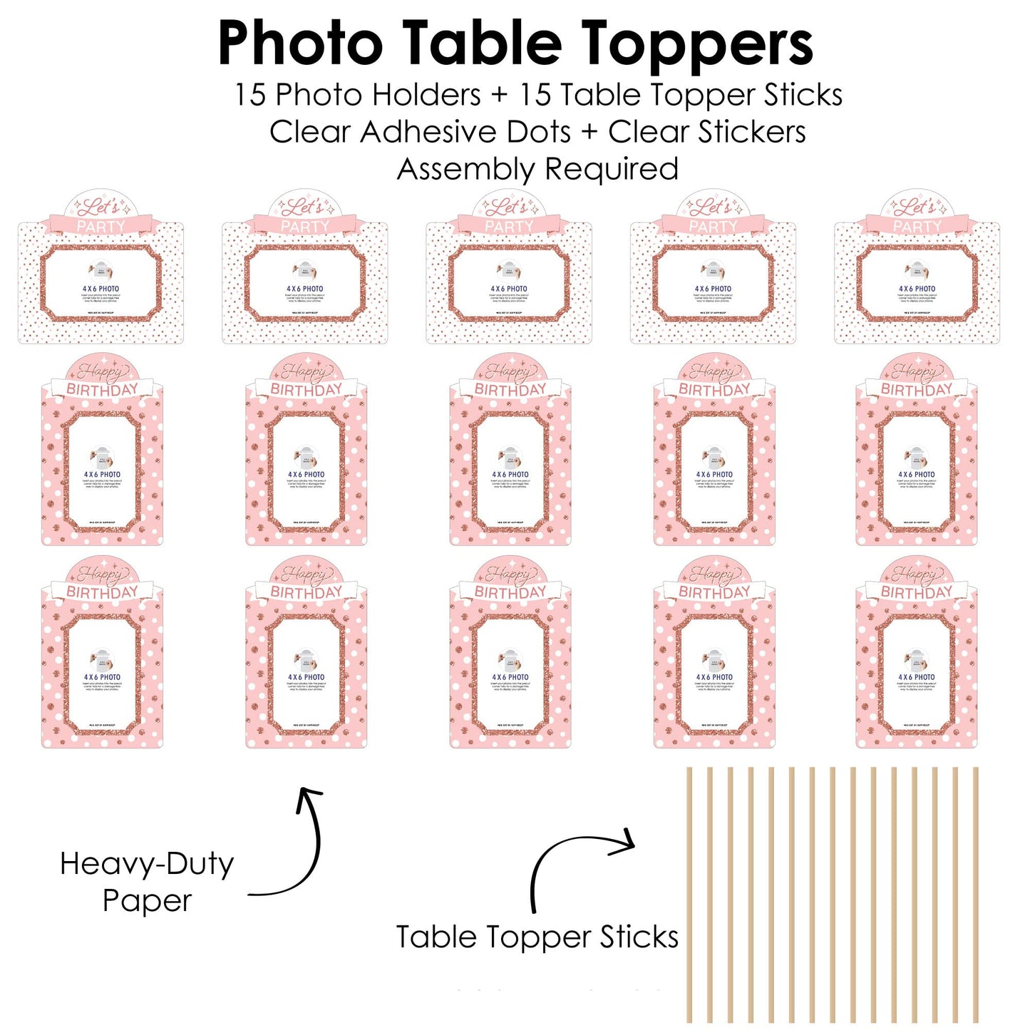 Big Dot of Happiness Pink Rose Gold Birthday - Happy Birthday Party Picture Centerpiece Sticks - Photo Table Toppers - 15 Pieces