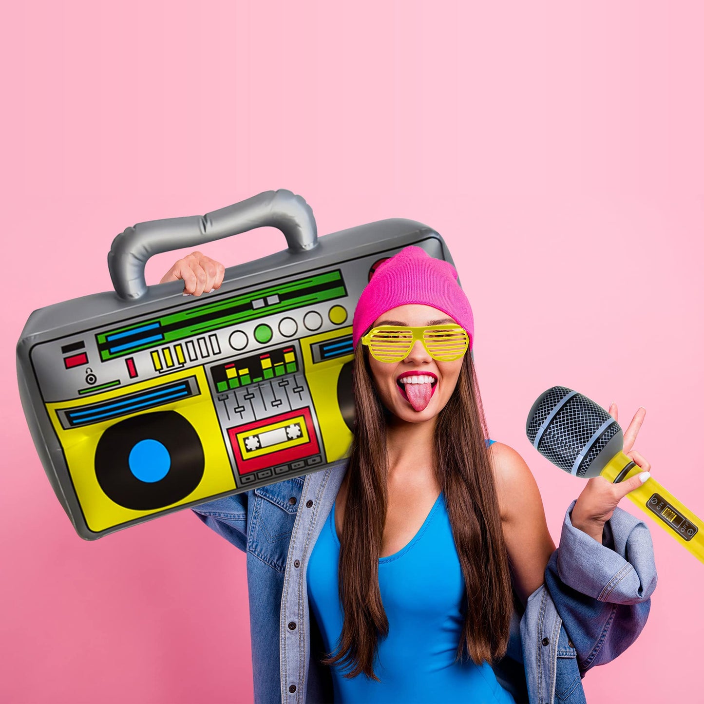 Cagemoga 20 Packs Inflatable Radio Boombox Inflatable Mobile Phone Inflatable Microphone 16 Inch Gold Foil Chain Balloons for 80s 90s Rappers Hip Hop