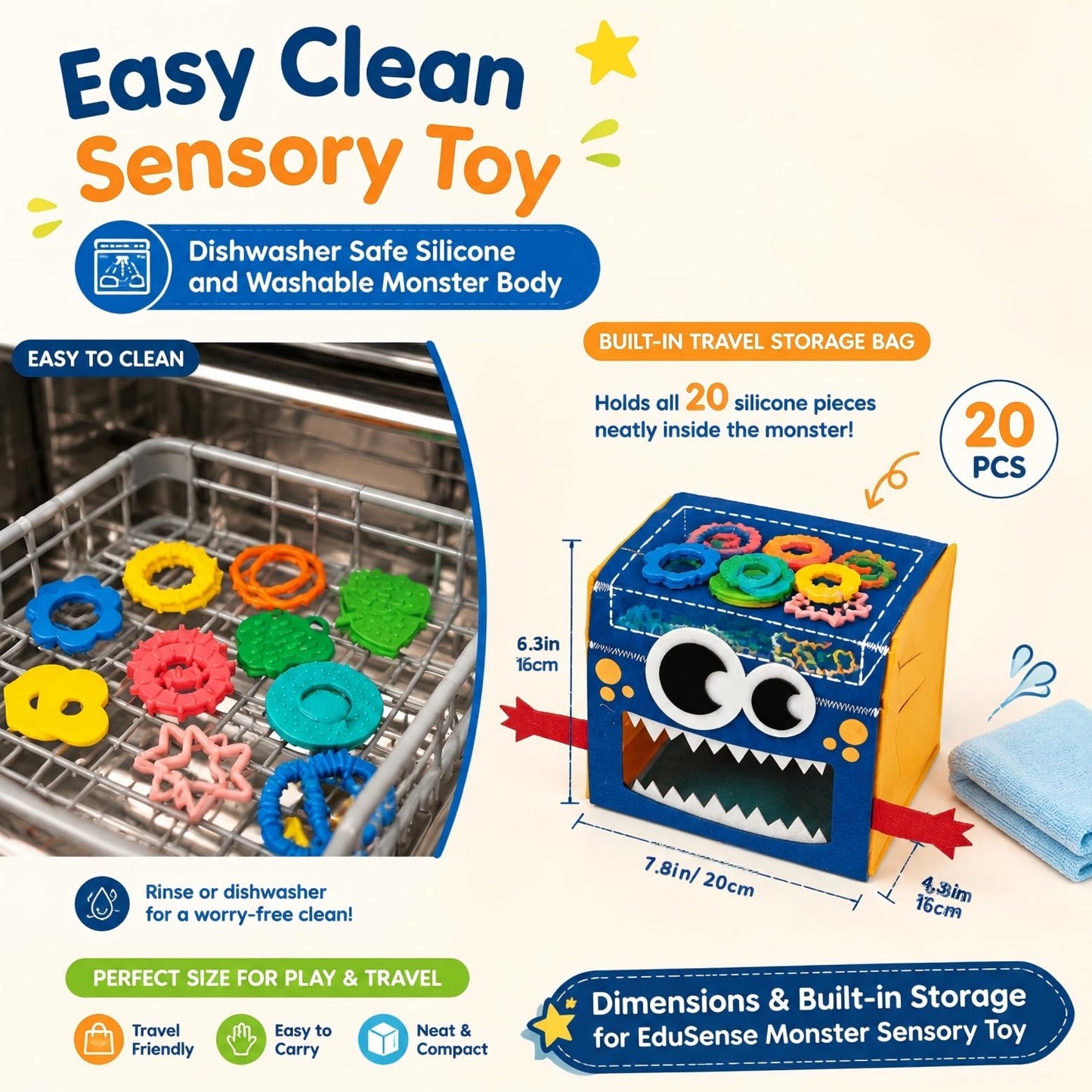 edusense Monster Feed Me Sensory Shape Sorter - 20 Washable Silicone Shapes | Fine Motor Feeding Toy for Toddlers 3+ | Occupational Therapist Designed