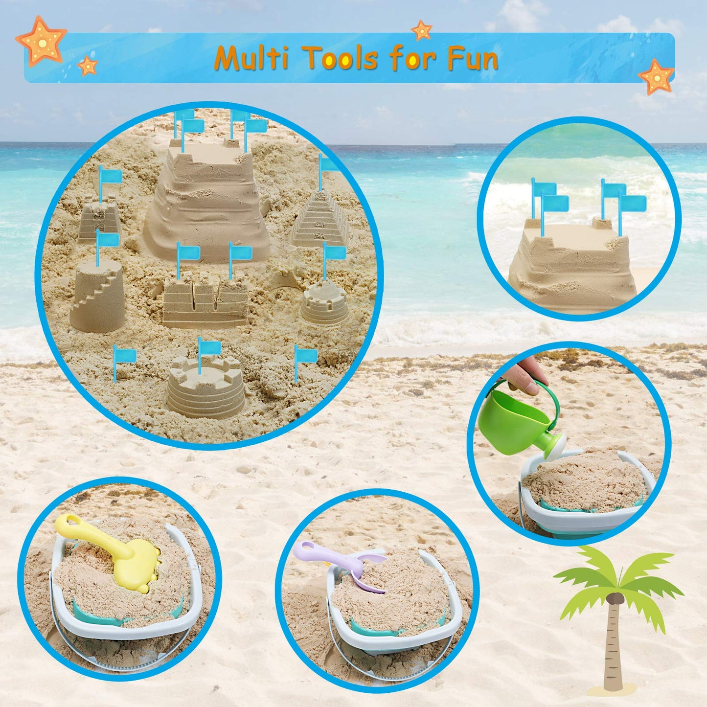 RACPNEL Beach Toys with Collapsible Bucket,Mesh Bag for Kids Ages 3-12