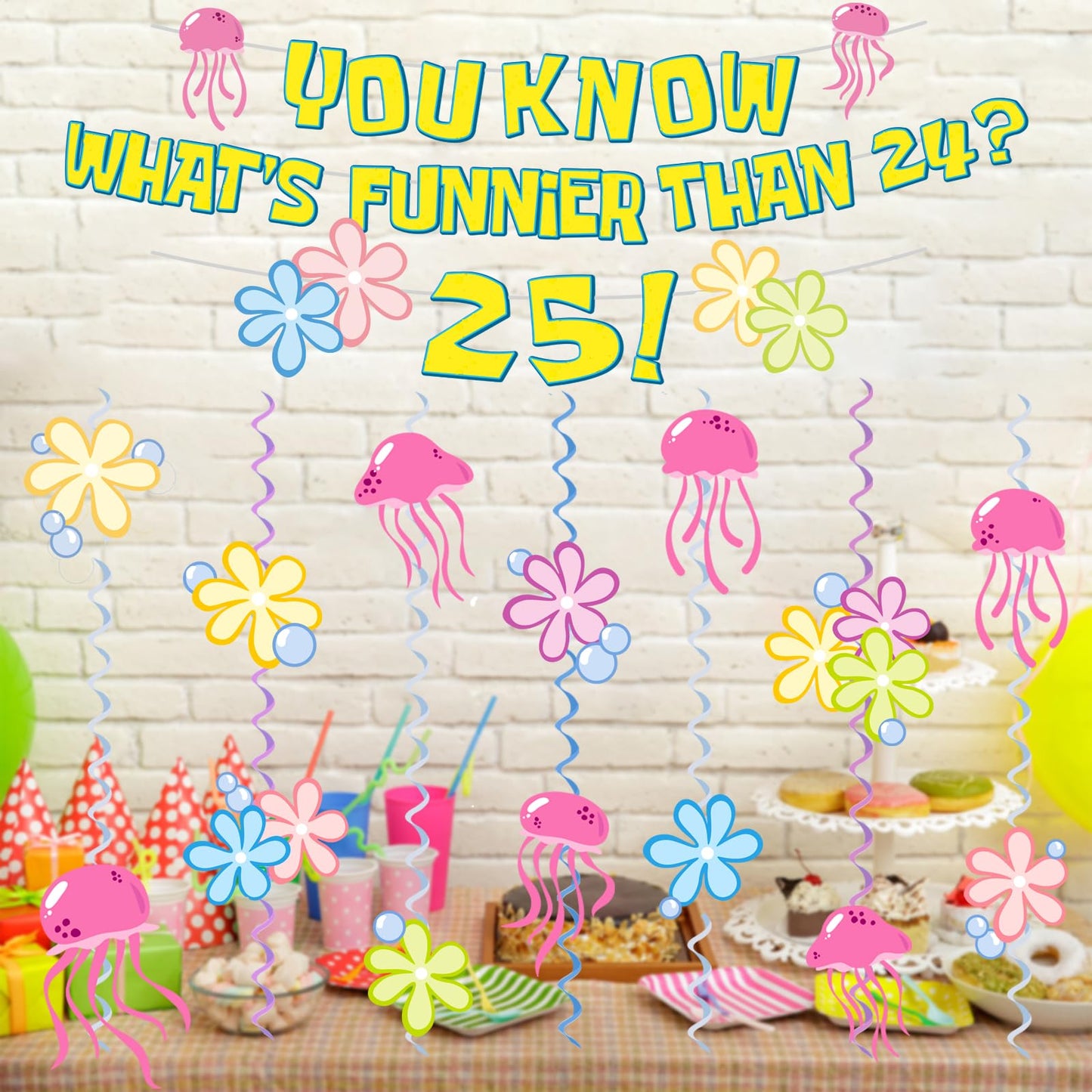 WHAT'S FUNNIER THAN 24? 25! Birthday Banner Carton Banner Jelly Fish Hanging Swirls Garlands Sea Animals Hanging Banner for Birthday Party Decorations