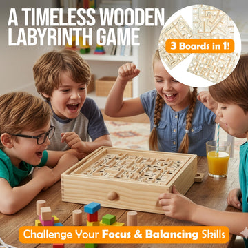 Sterling Games Wooden Labyrinth with 3 Swappable Boards - Classic Maze Game with 60, 36, and 25 Waypoints - Wooden Tilt Puzzle with Knob Control and 3