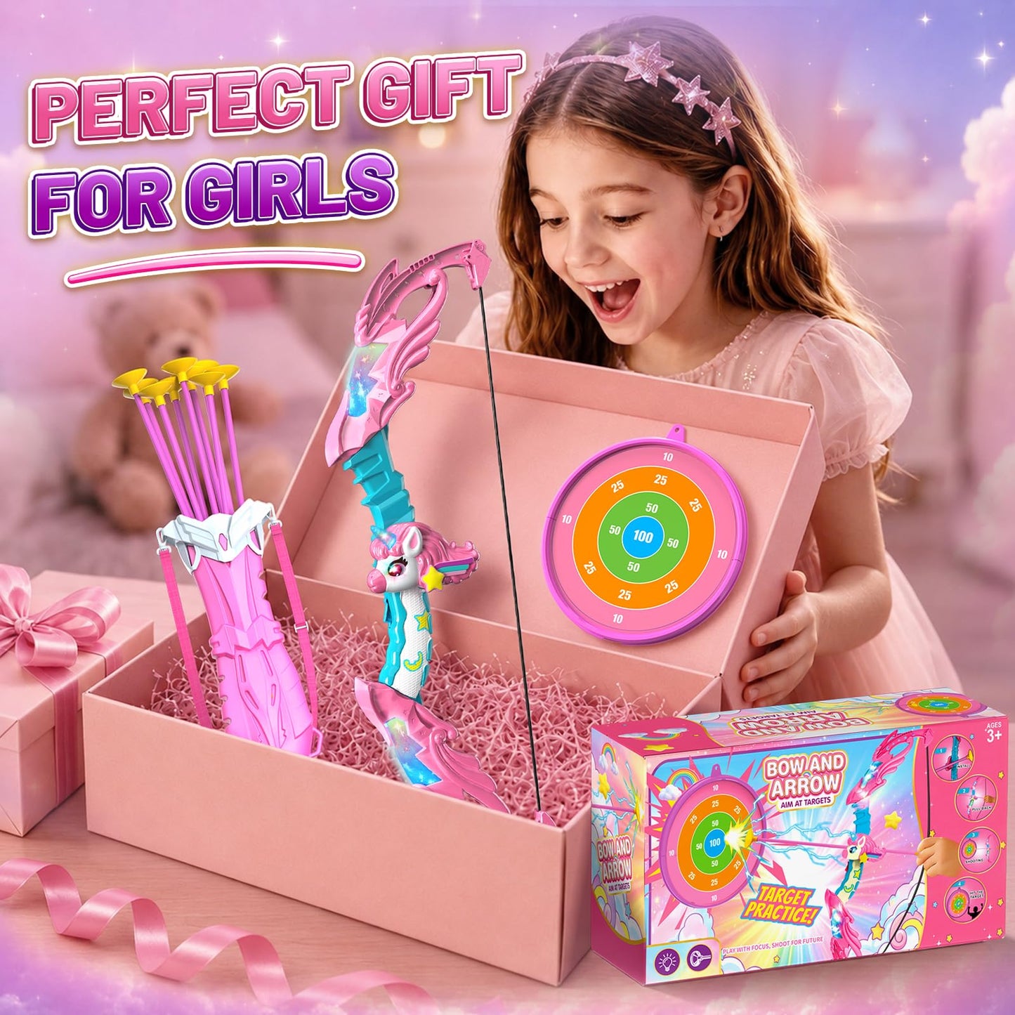 Unicorn Bow and Arrow for Girls Ages 3-12, LED Light Up Kids Archery Set