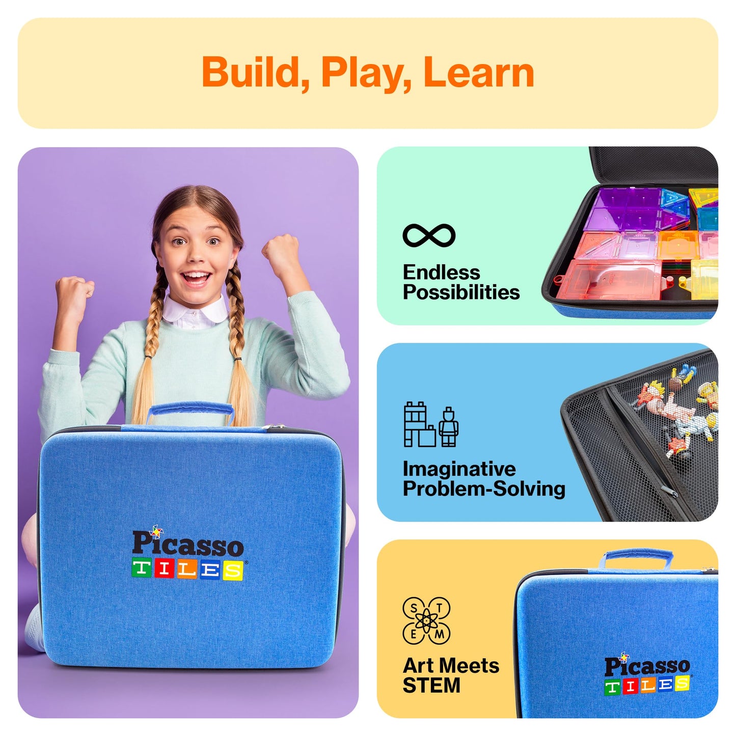 PicassoTiles Toy Carry Case Storage Box Organizer Portable Travel Bag in Water Resistant Oxford Cloth for Kids Magnetic Tiles STEM Construction Block