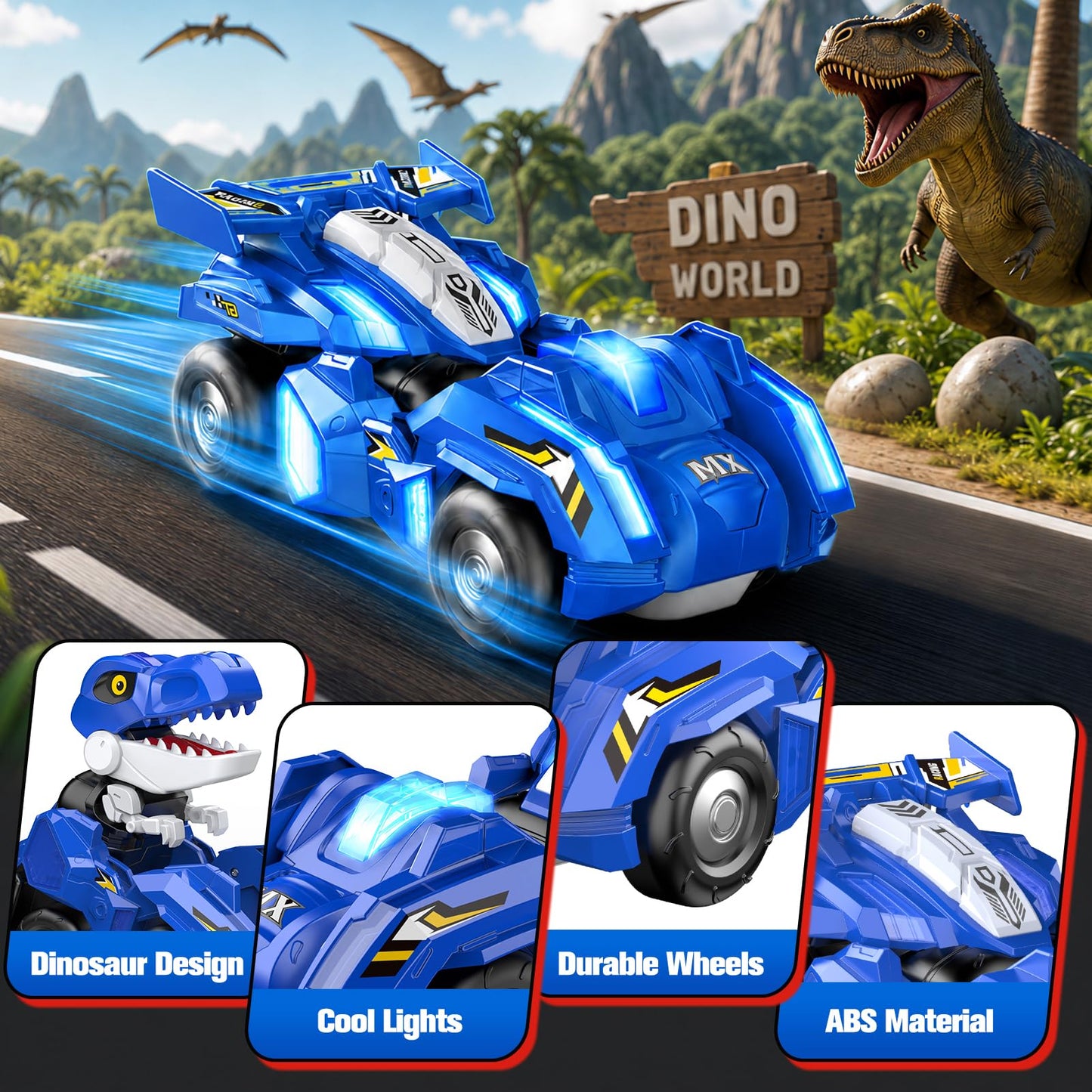 Dinosaur Transforming RC Car with LED Lights, One-Key Robot Conversion