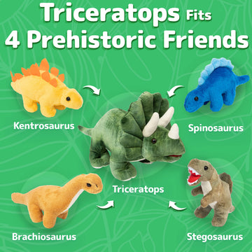 PREXTEX 15-Inch Triceratops Dinosaur Stuffed Animal Set with 4 Dino Plush Toys Inside, Large Zippered Pouch Dinosaur for Boys and Girls, Stuffed