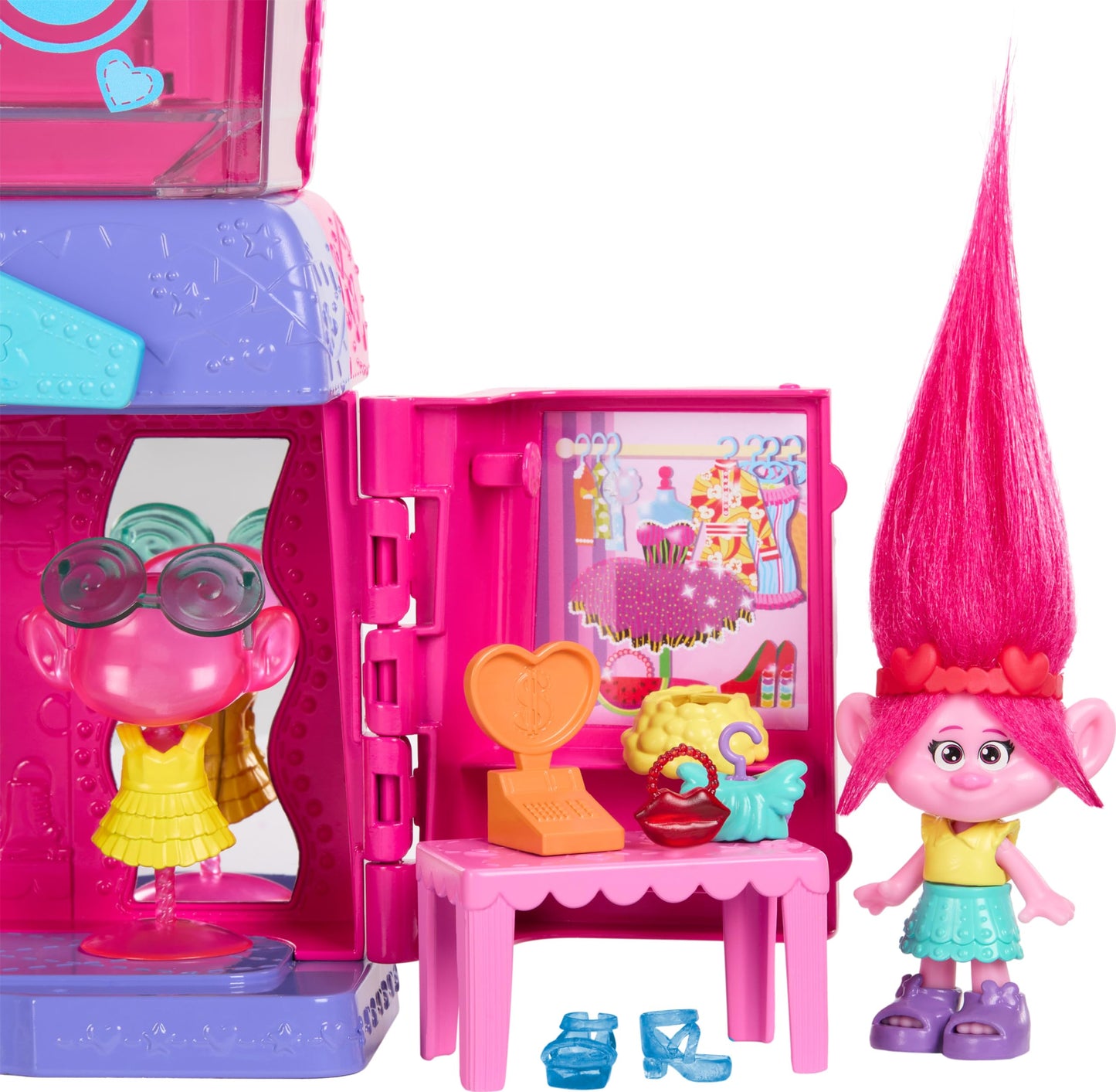Mattel DreamWorks Trolls Fun Fair Surprise Fairtastic Fashion Boutique Playset with Queen Poppy Small Doll & 25 Accessories