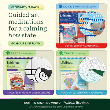 Lifelines FlowArt Activity Pads, 3-Pack - Guided Dot & Trace Art Meditations with Markers - 12 Double-Sided Markers & 60 Scenes - Color by Number
