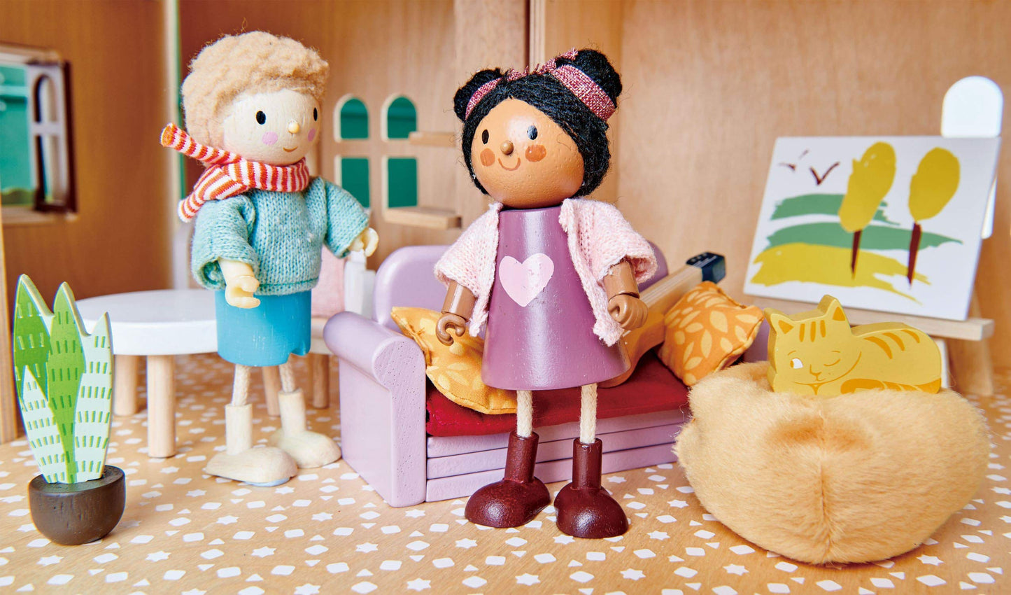 Tender Leaf Toys - Ayana and Her Cat - Wooden Miniatures Flexible Doll, Multicultural Action Figure for Dollhouse - Encourage Creative and Imaginative