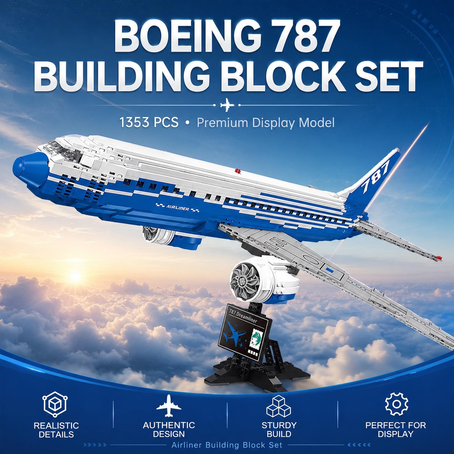 LQPFBSM Boeing 787 Airliner Building Block Set 1353 Pcs Large Passenger Plane Model Kit with Display Stand Commercial Aircraft Building Bricks