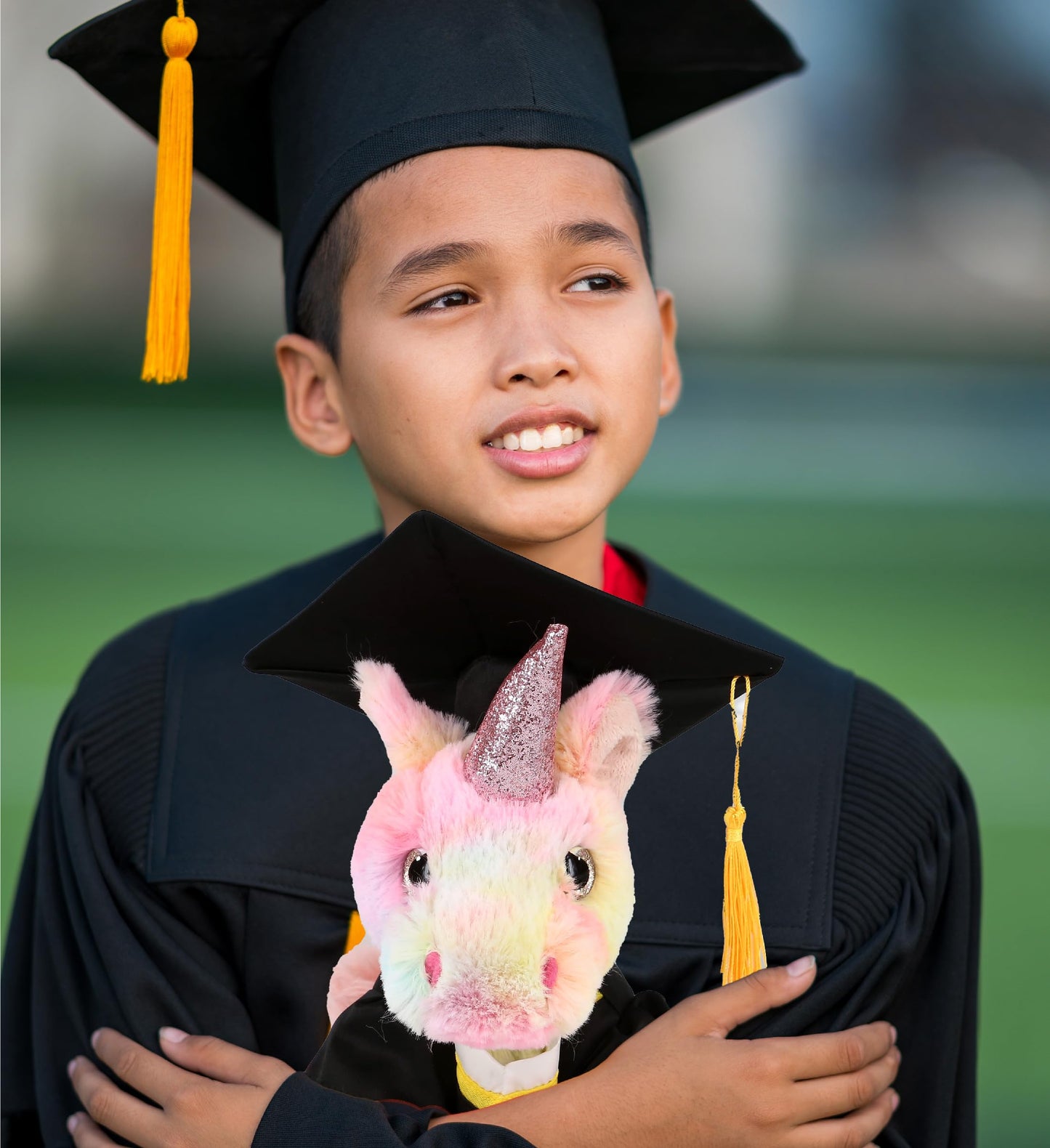 DolliBu Rainbow Unicorn Graduation Plush Toy - Super Soft Plush Graduation Stuffed Animal Dress Up with Gown and Cap with Tassel Outfit