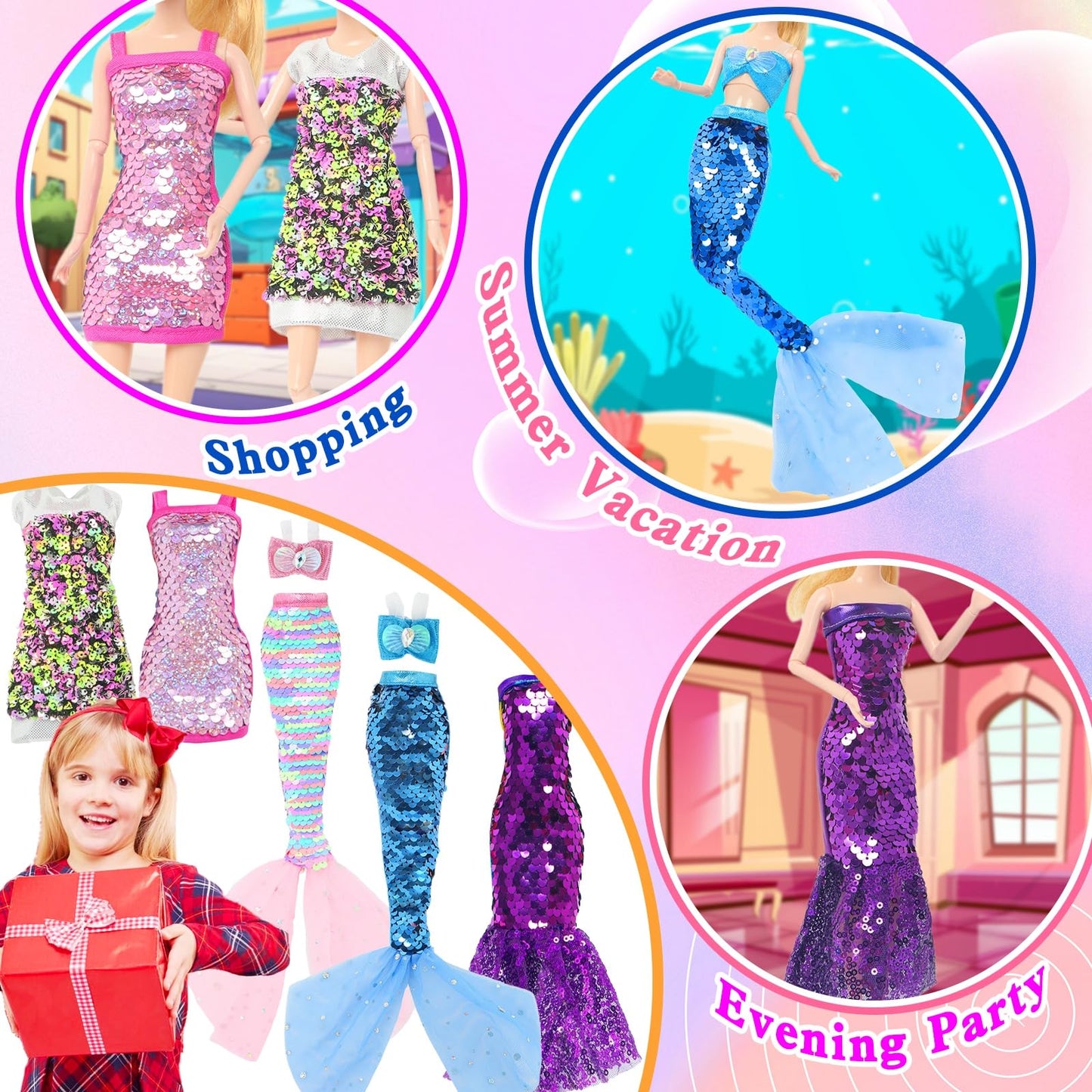 BLIJOLA Doll Clothes 5 Sets Sequins Dresses for 11.5 Inch Girl Doll Including 2 Mermaid Clothes Swimwear 1 Evening Dress 2 Casual Dress Party Outfits