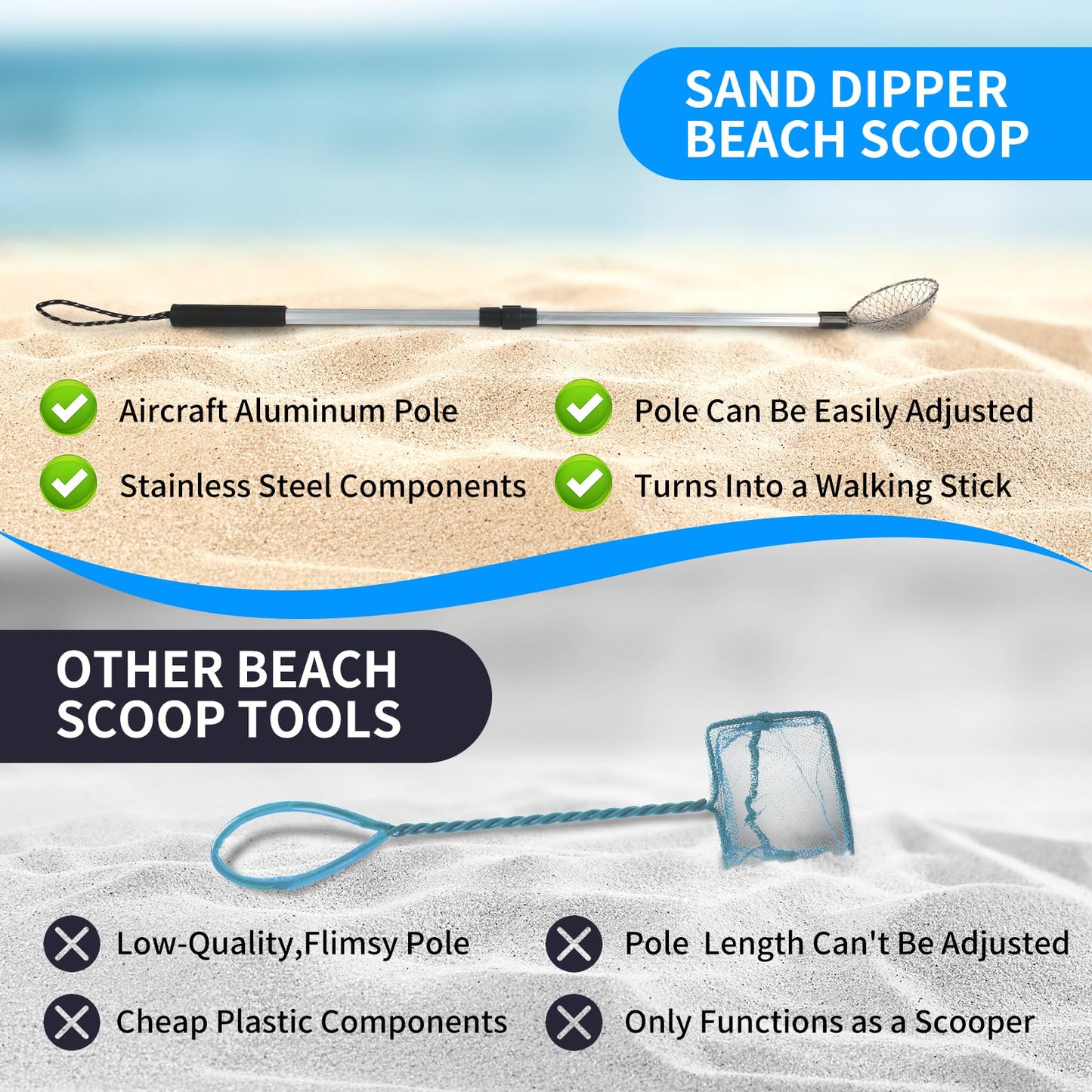 OVRRCSME 2 Pcs Beach Sand Sifter, Shark Teeth Sifter Shell Shovel Rock Scooper with Beach Scoop Shovel and Sifter Tool for Picking Up Shells