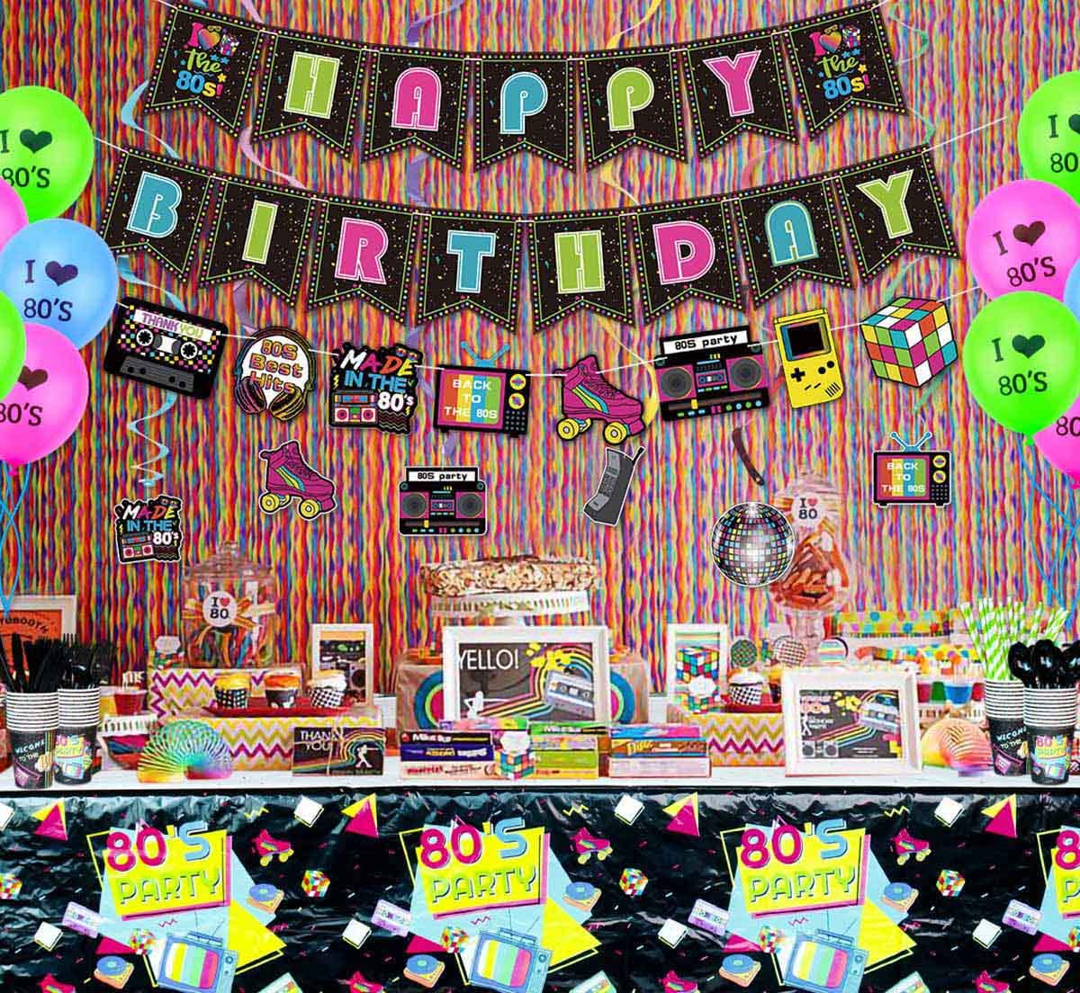 80s Party Supplies - Back to the 80s Party Decorations Set Including HAPPY BIRTHDAY Banner, Hanging Swirls, 80s Element Bunting, Plates, Cups