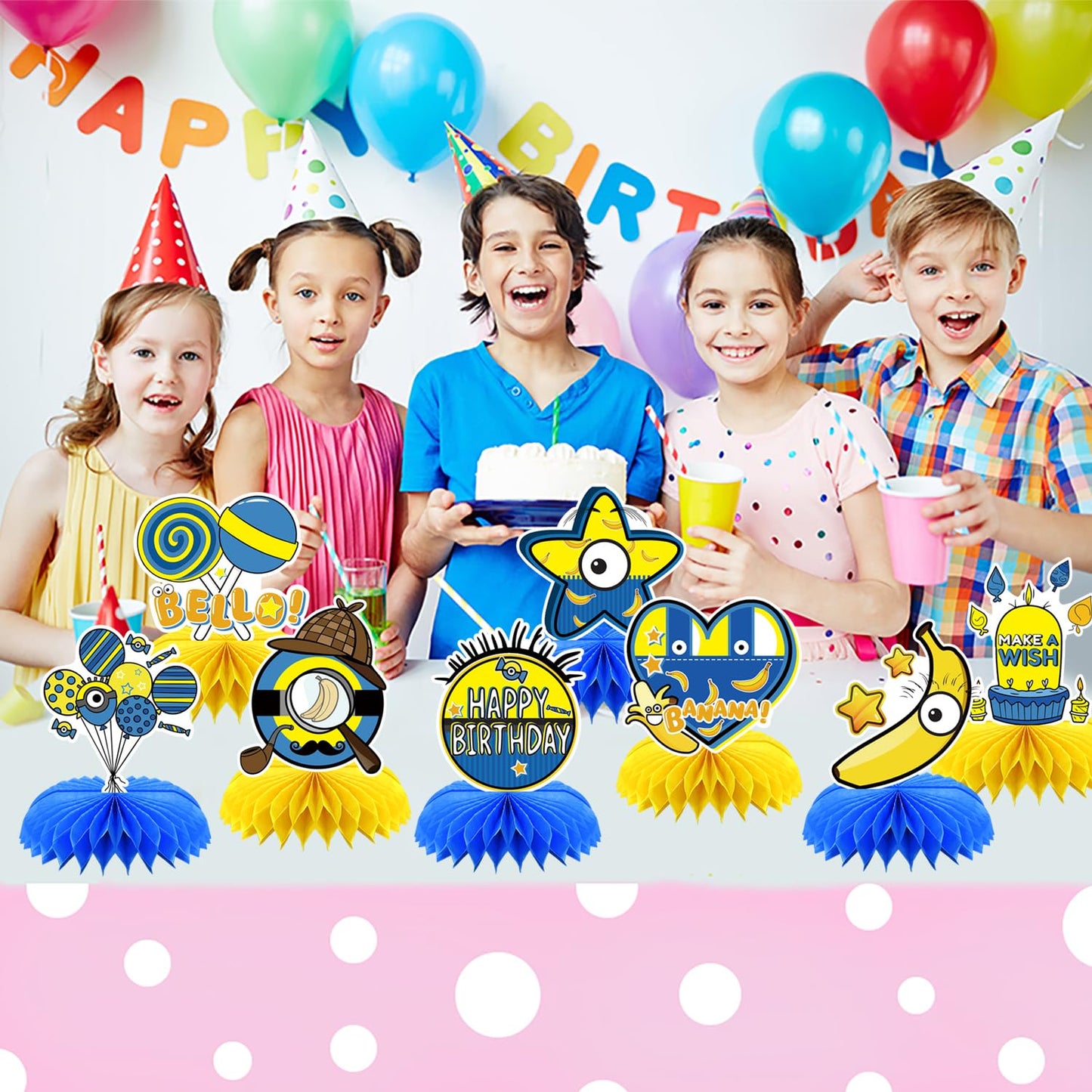 8Pcs Yellow Cartoon Party Supplies Set Honeycomb Centerpieces Double Sided Table Topper for Birthday Decorations