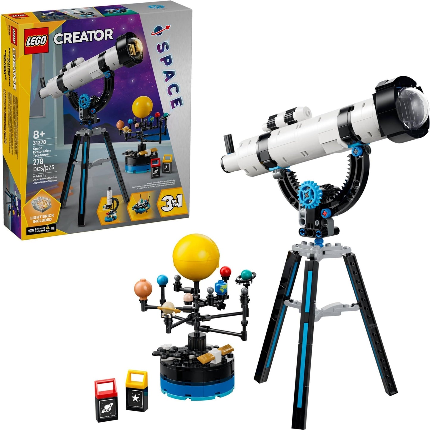 LEGO Creator 3‑in‑1 Space Exploration Telescope 31378 - STEM Building Toy for Kids Ages 8+, 278 Pieces, Telescope with Solar System, Microscope & UFO
