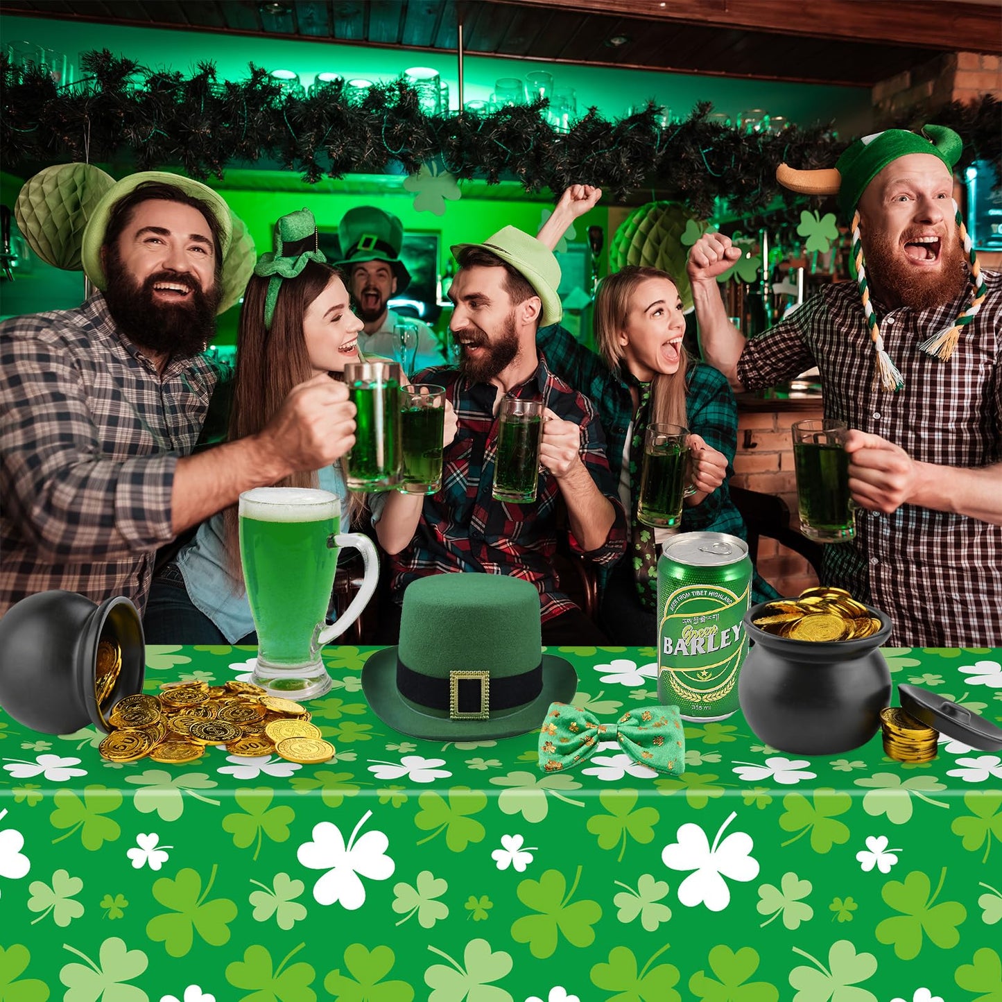 2 Pack St Patrick's Day Tablecloth - Green Shamrock Table Cloth, Plastic Disposable Rectangle Luck Irish Clover Table Cover for Saint Patrick Day