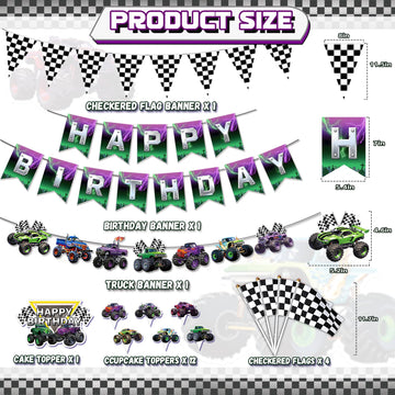 20 Pcs Monster Truck Birthday Decorations, Monster Truck Party Banner Set, Cars Truck Garland Black and White Checkered Flags Pennants Cake Topper