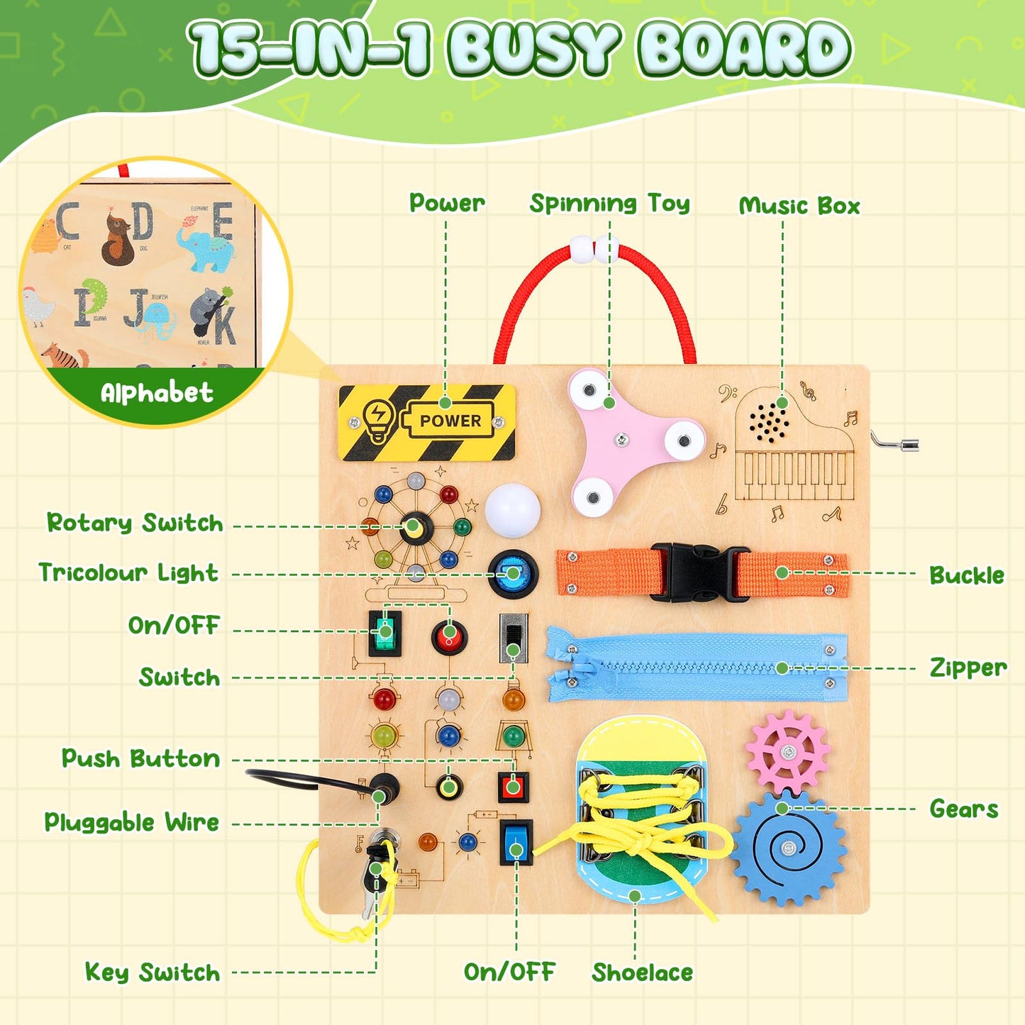 MoKo Montessori Busy Board Toys for 3+ Years Old Wooden Sensory Toys Board with LED Light Up Switch, Locks, Zippers, Music Boxes Learning Educational