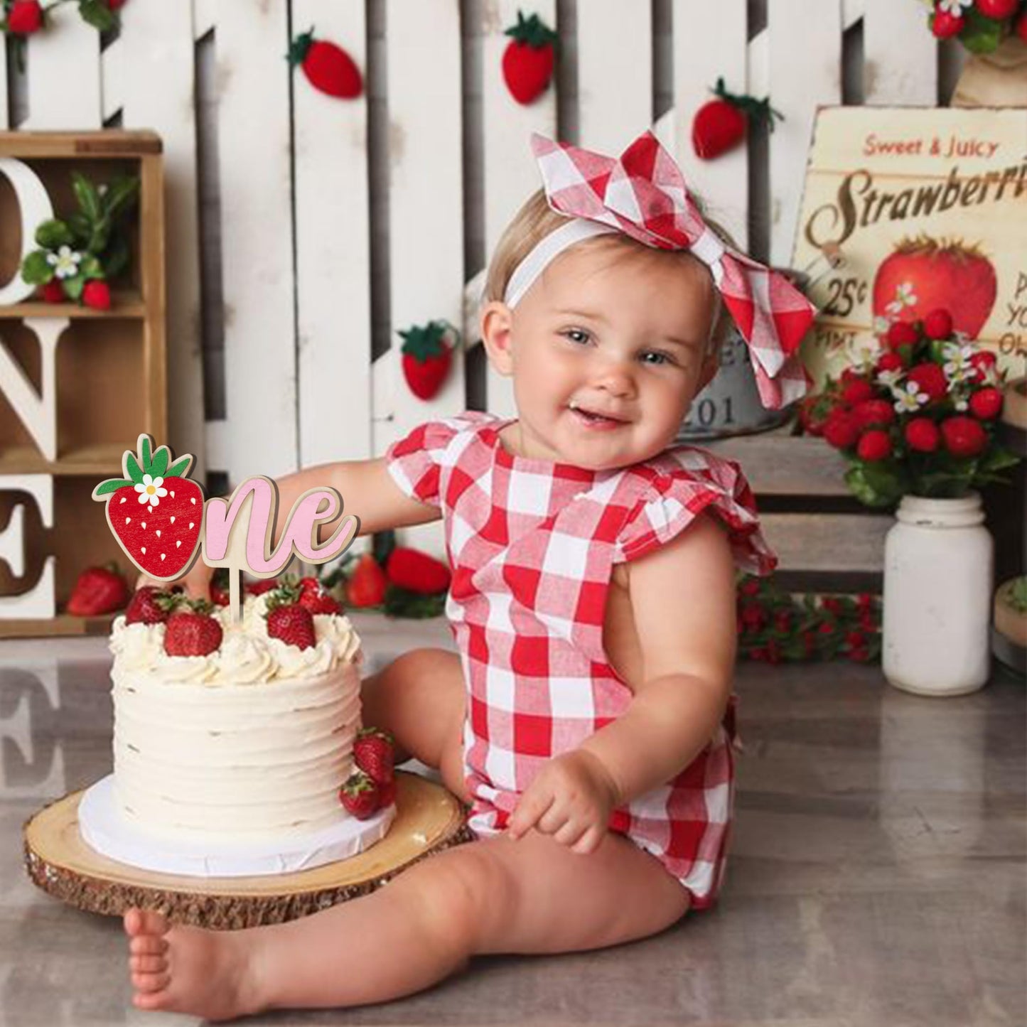 Strawberry One Wooden Cake Topper