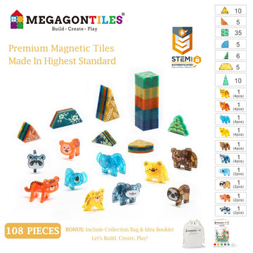 MEGAGONTILES Zoo Animals Magnetic Tiles Set 108PCS | STEM-Authenticated Magnetic Building Blocks with Animal Figures | Educational Construction Toy