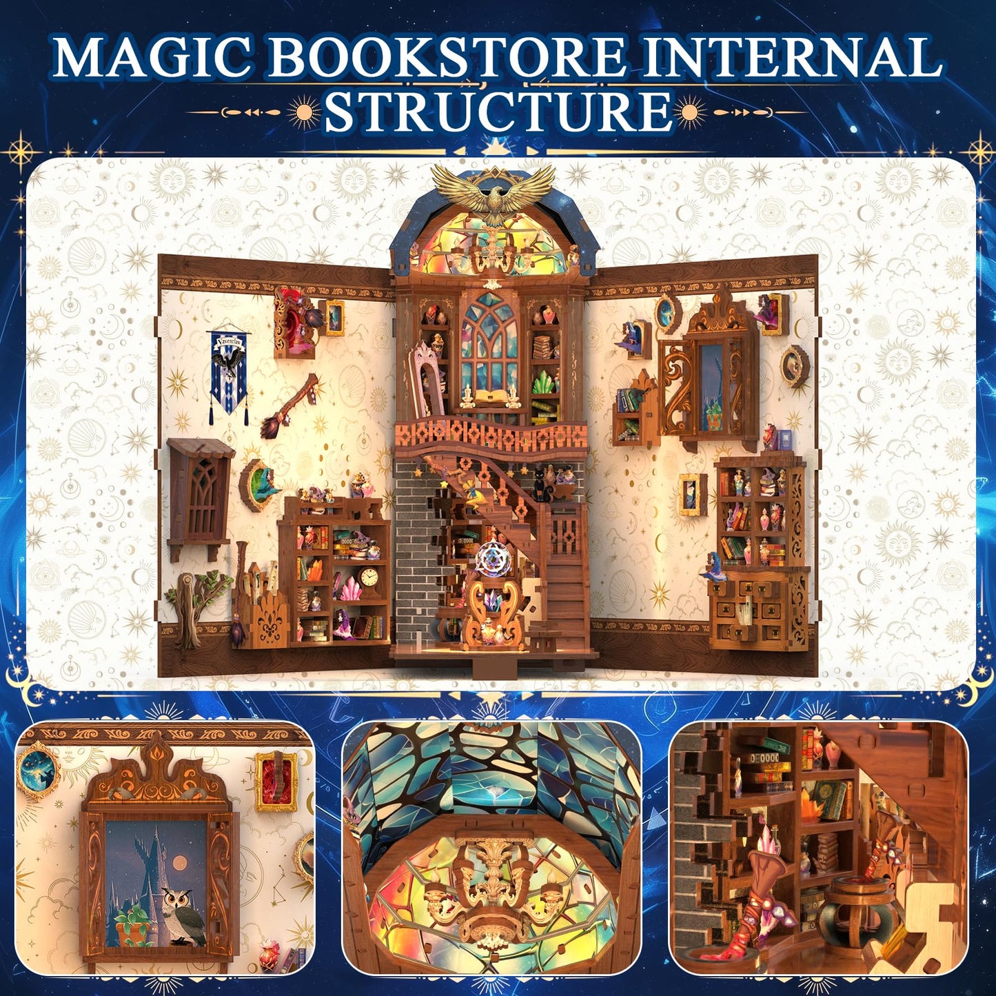 Mccreadee Book Nook Kit, DIY Miniature House 3D Wooden Puzzle with LED Light, Fantasy Bookstore Bookshelf Decor for Adults, Teens & Beginners, Gift