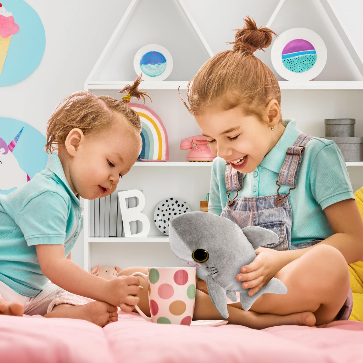 Puzzled Plush Shark Stuffed Animal - Soft Huggable Big Eyes Grey Shark, Adorable Playtime Shark Plush Toy, Cute Sea Life Cuddle Gifts, Soft Plush Doll