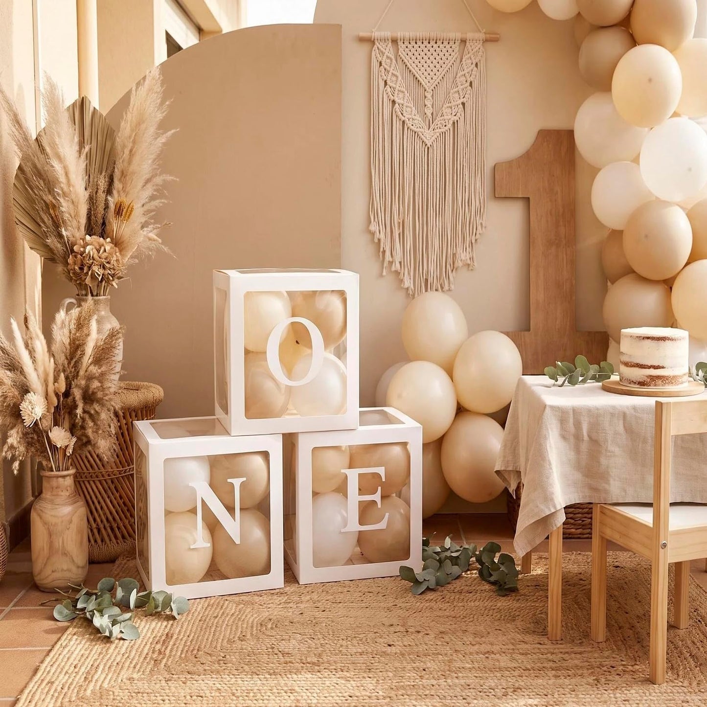TECKED First Birthday Decorations For Boy Or Girl, 3 Pcs ONE Balloon Boxes For 1st Birthday, Baby Clear Blocks Party Decor With ONE Letters