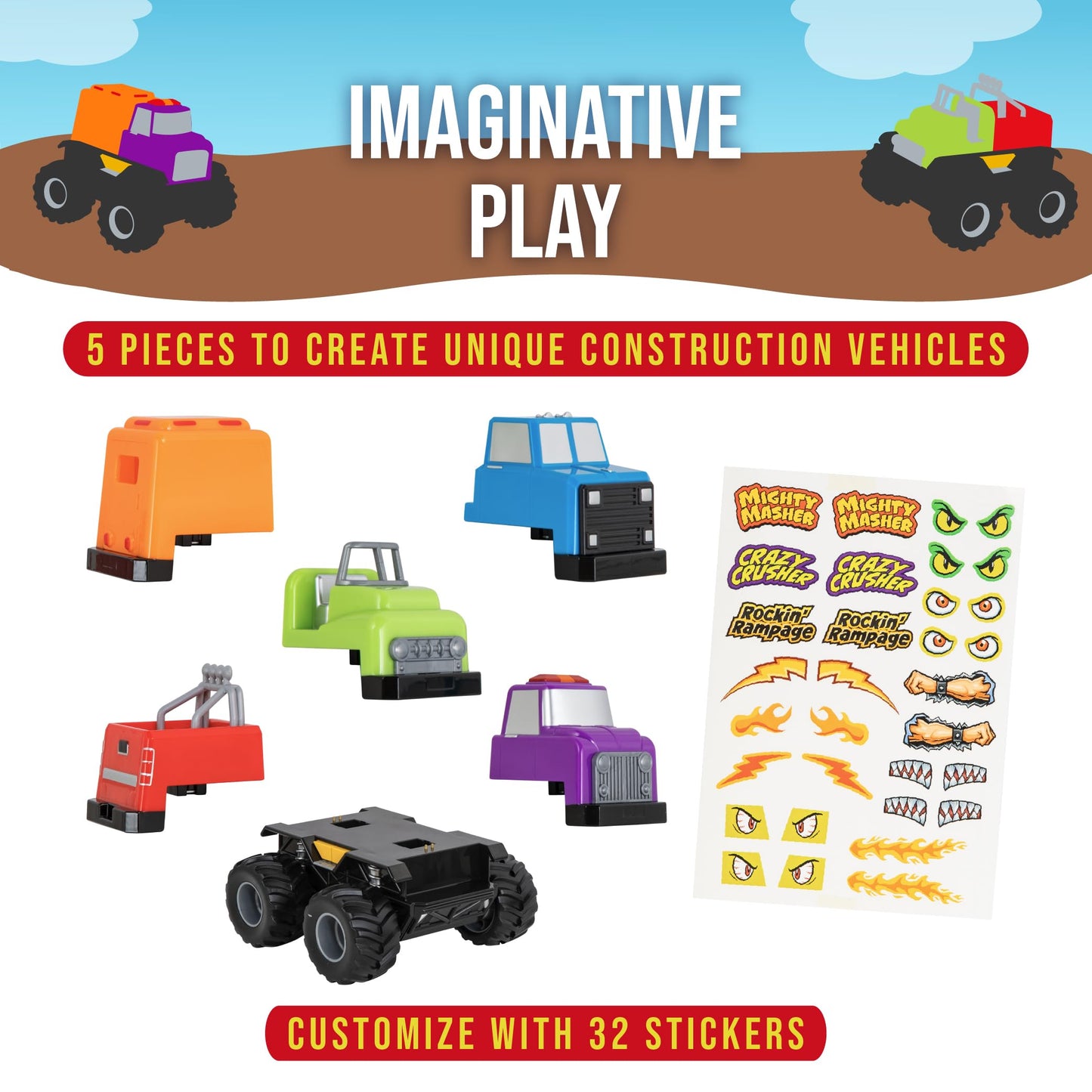 POPULAR PLAYTHINGS Magnetic Monster Build-A-Truck Set, Take-Apart Vehicle Toy for Toddlers, Gifts for Kids Ages 2 & Up - 6 Pieces