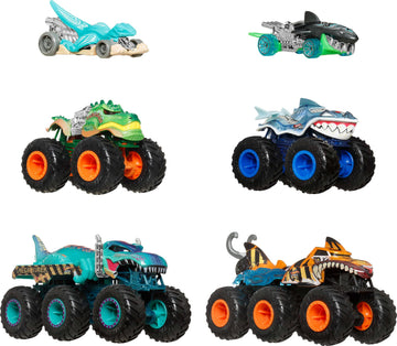 Hot Wheels Toy Cars & Monster Trucks, Sharks vs. Dinos Multipack with 8 Total Vehicles, Including Big Rigs, 1:64 Scale Monster Trucks & 1:64 Scale Hot