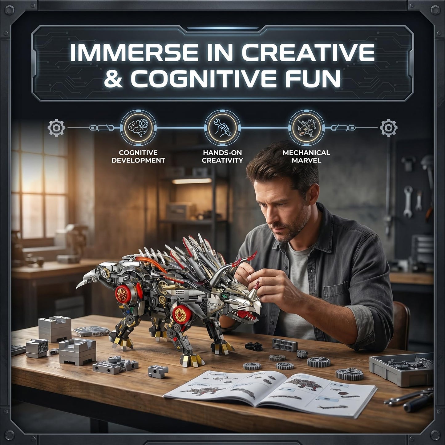 Myth Qholve Mechanical Triceratops Building Set with LED Lights, Display Stand, Movable Linkage Gears, Rotatable Components, Large Scale Collectible