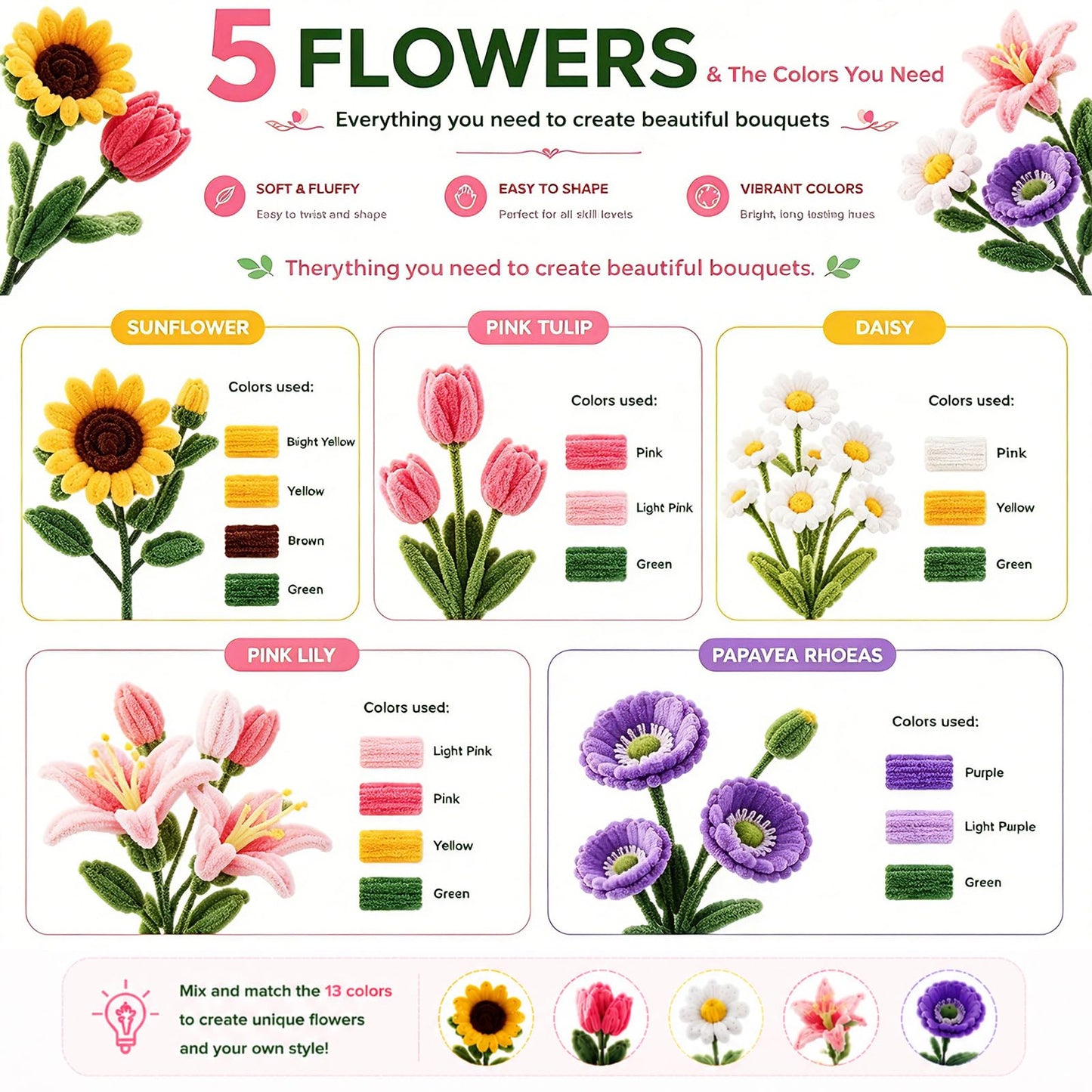 800 PCS Pipe Cleaners Bulk Flowers Kit, Pipe Cleaners Craft with Handle, 13 Colors Chenille Stems with Full Set of Tools, DIY Art Craft