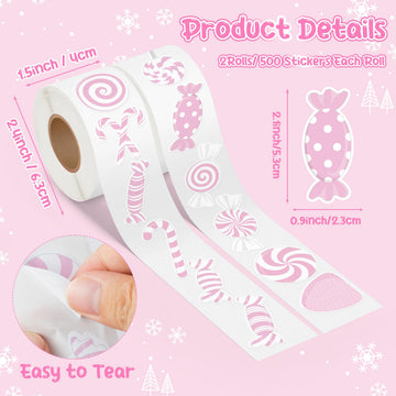 DSjuedui Pink Candy Cane Gumdrop Roll Stickers - 1000Pcs Pink Peppermint Self-Adhesive Decals for Kids, Christmas Joy Candy Theme Stickers for Party