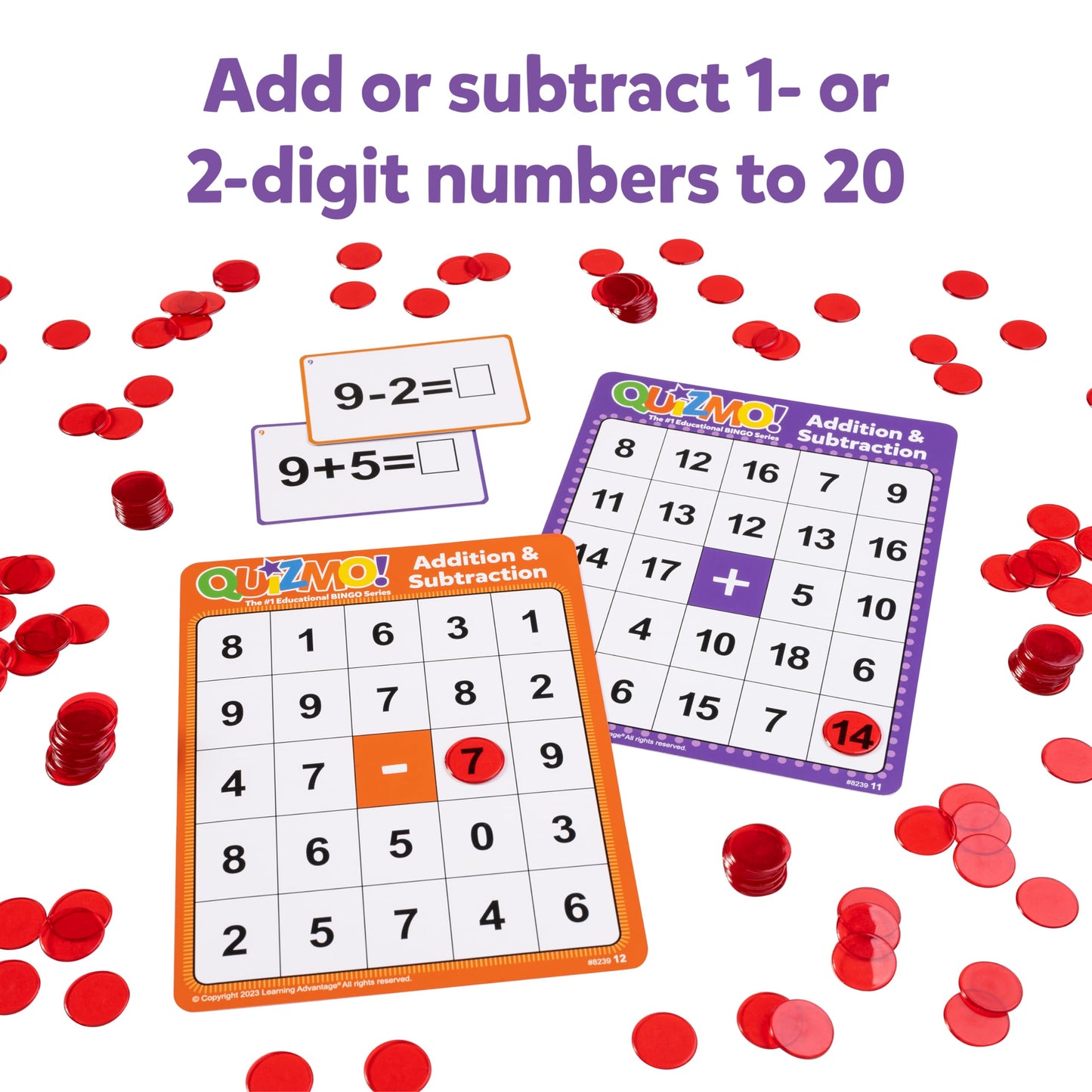 LEARNING ADVANTAGE QUIZMO Addition & Subtraction | Bingo-Style Math Game | 2 Game Modes for Ages 6-10 | Teach Basic Mathematics