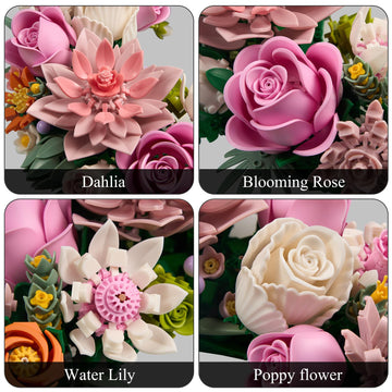 Pink Moon Flower Building Set, Dahlia Rose Bouquet Botanical Collection Building Block, Compatible with Lego Flowers for Home Wall Art Decor, Gifts
