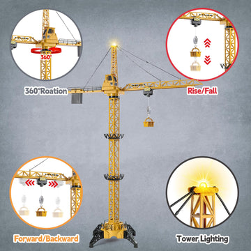 Mini Tudou 6 Channel Infinite Rotation Remote Control Tower Crane Toy 50.4 inch 2.4GHz RC Construction Toy Lift Model with Tower Light & Sound