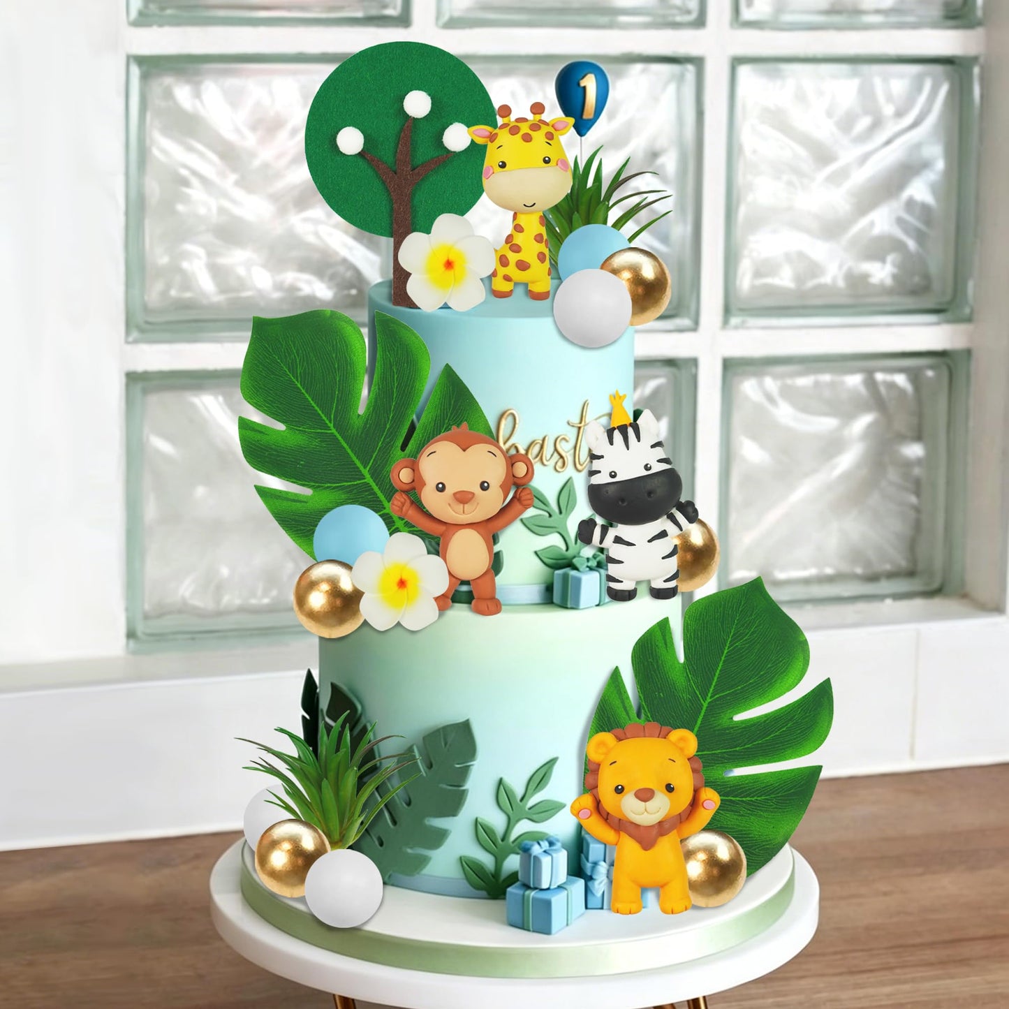 Jungle Safari Animal Cake Topper with Lion Giraffe Monkey Zebra Balls for Wild Animals Themed Birthday Supplies