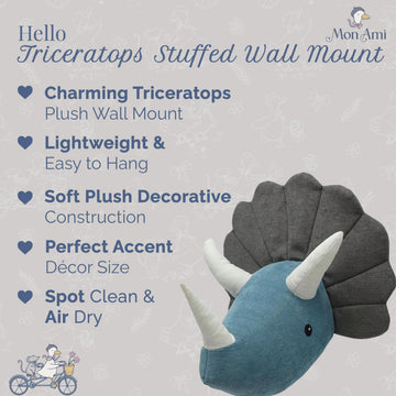 MON AMI Triceratops Stuffed Animal Head Wall Mount, Kids Bedroom Décor
