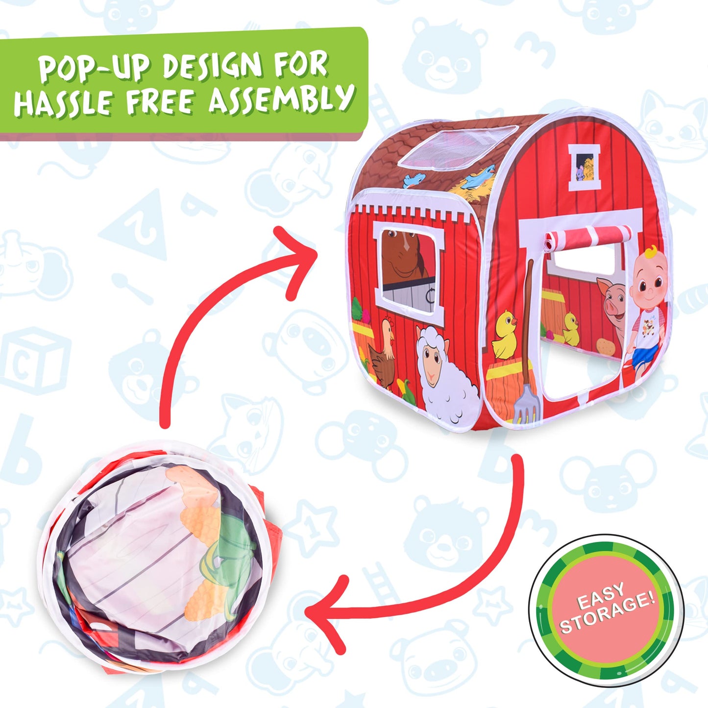 CoComelon Old MacDonald's Musical Barn Pop Up Tent - Easy to Setup Playhouse for Kids | Plays Music, Roll Up Door and Mesh Windows