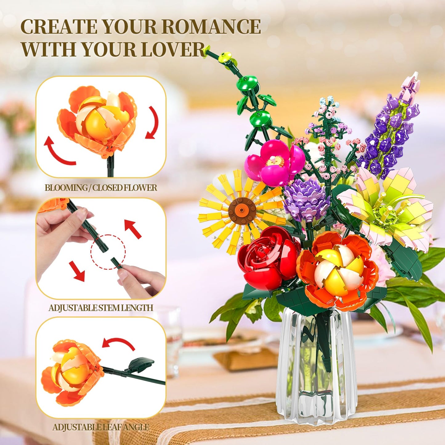 IKIDSUN Flowers Bouquet Building Sets, Artificial Flower Plants for Botanical Collection and Decorative Home, for Girls Women Adults Ages 6+, Birthday
