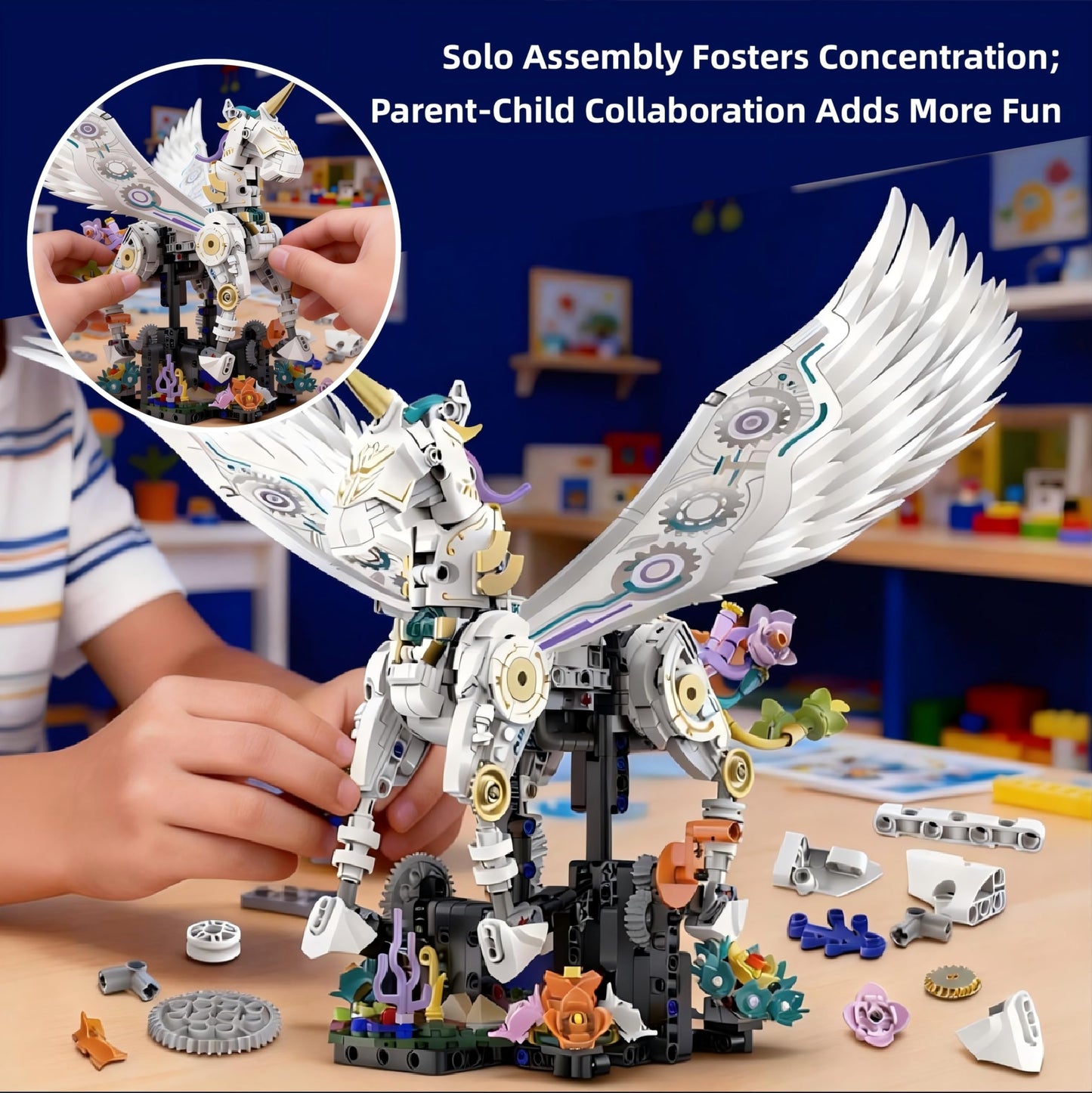 Aptrbg Unicorn Building Set 800+ Pcs STEM Toy Ages 8-12, Walking & Flapping Wings, Compatible with Major Building Blocks, Gift for Boys Girls