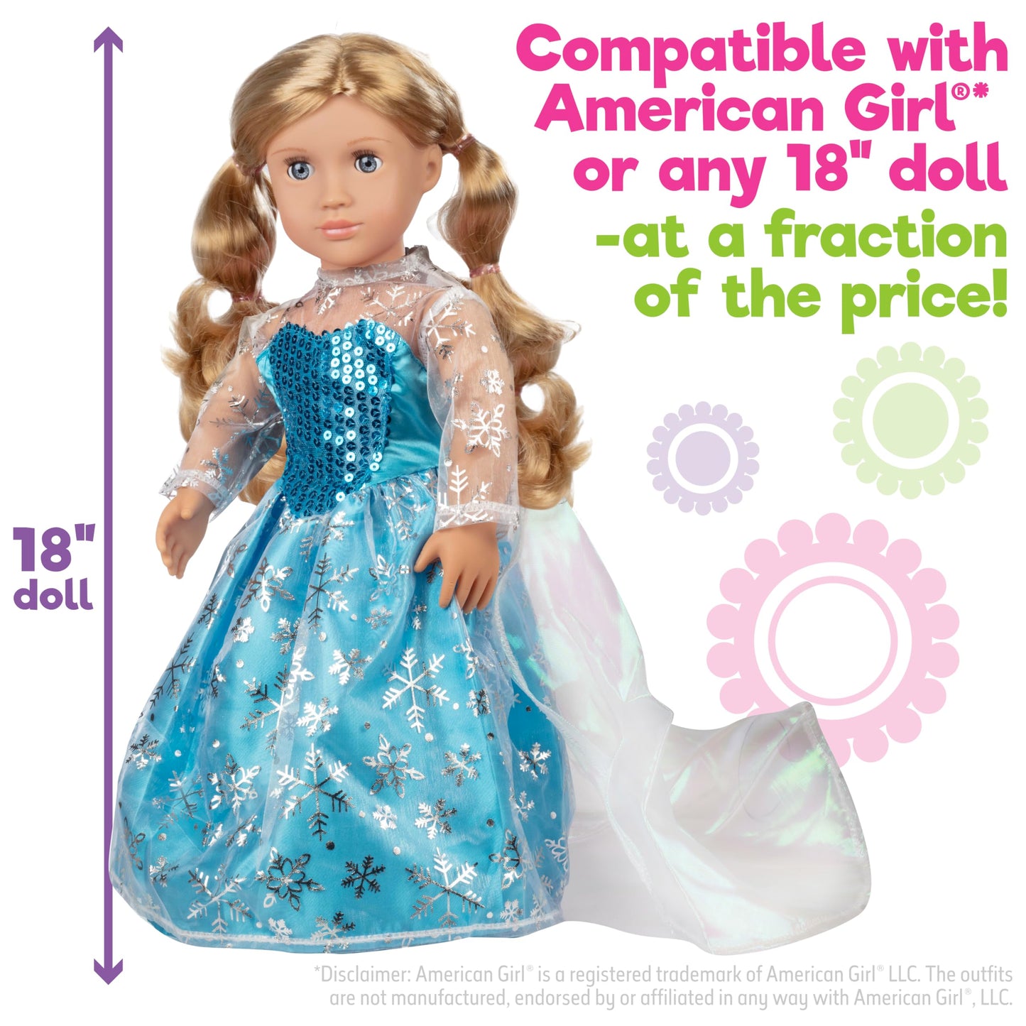 Elsa Frozen Inspired Dress- 18" Doll Clothes & Accessories Compatible w American Girl Dolls- Includes Blue Snowflake Queen Premium Quality Handmade